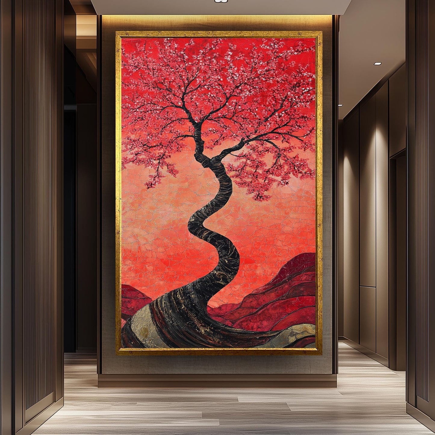Red Cherry Blossom Tree Painting, Japanese Sakura Art, Hand Painted Textured Canvas, Elegant Floral Wall Decor, Zen Nature Home Gift
