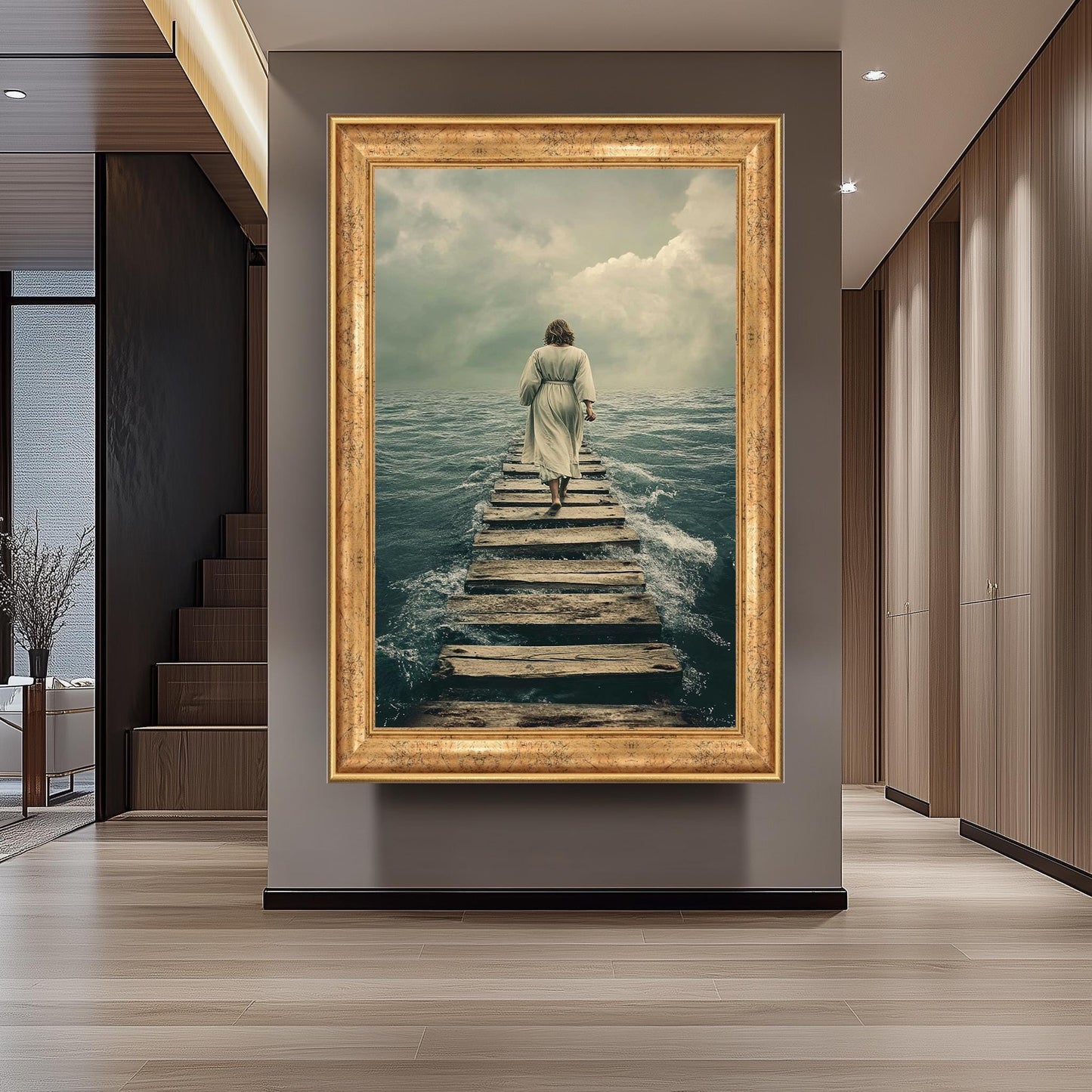 Jesus Walking on Water Pier Canvas Faithful Christian Wall Art for Spiritual Reflection, Religious Home Decor or Inspiring Gift Idea