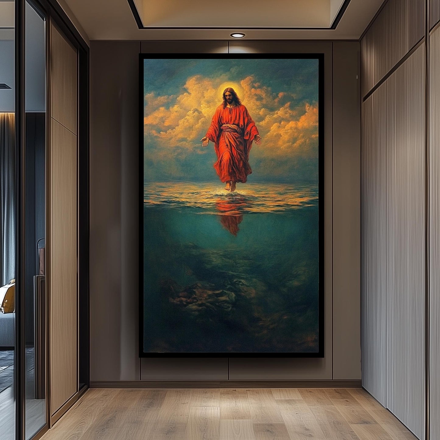 Jesus Walking on Water in Red Robe Canvas Bold Christian Wall Art for Faith-Inspired Home Decor, Religion Jesus Wall Art, Jesus On Water.