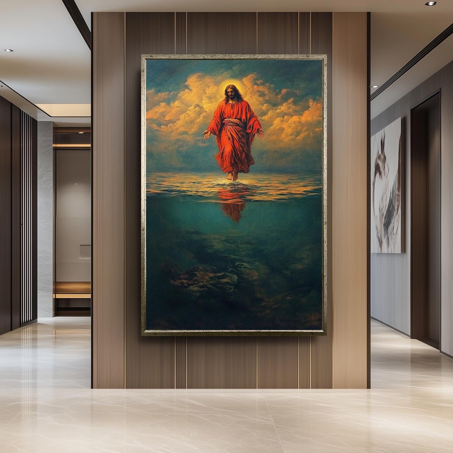 Jesus Walking on Water in Red Robe Canvas Bold Christian Wall Art for Faith-Inspired Home Decor, Religion Jesus Wall Art, Jesus On Water.