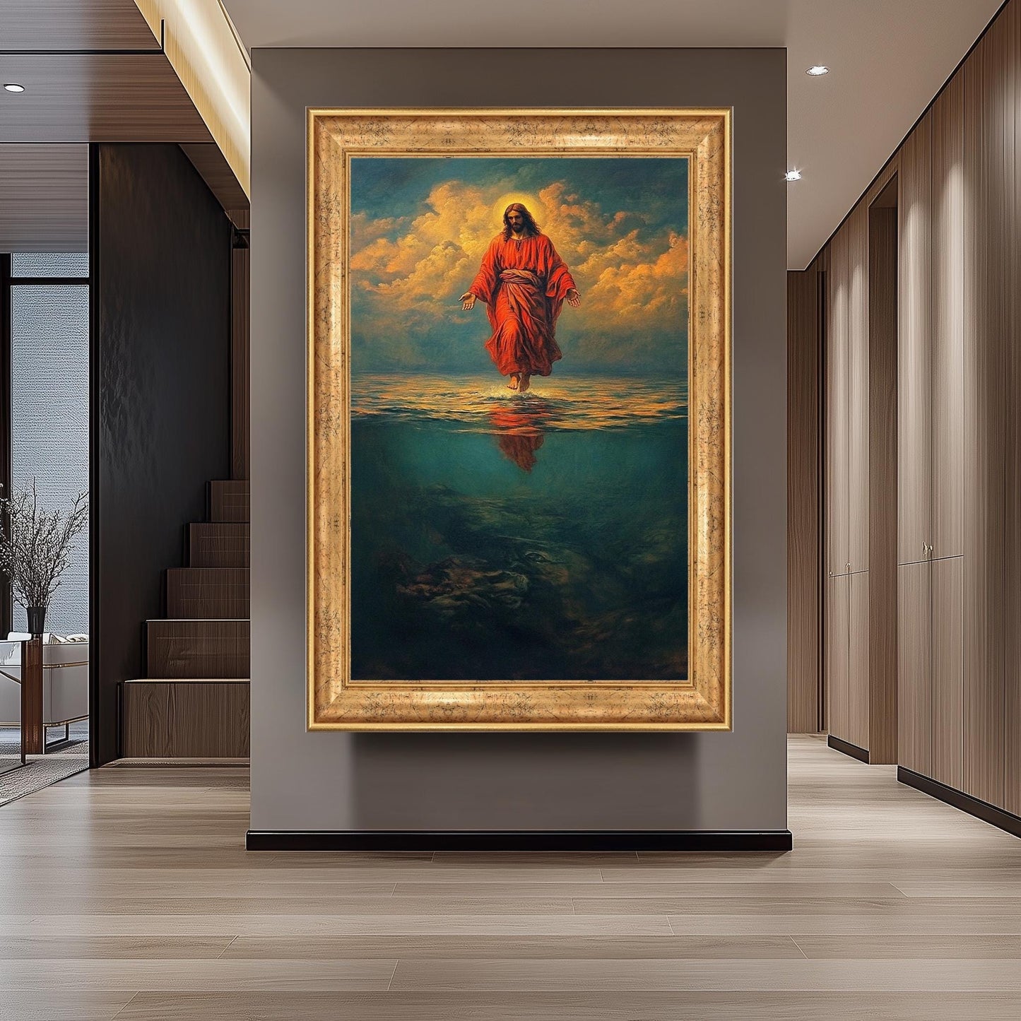 Jesus Walking on Water in Red Robe Canvas Bold Christian Wall Art for Faith-Inspired Home Decor, Religion Jesus Wall Art, Jesus On Water.