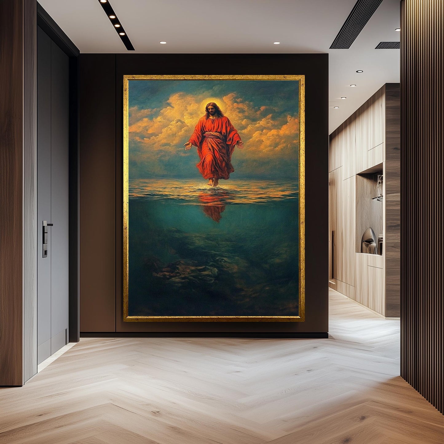 Jesus Walking on Water in Red Robe Canvas Bold Christian Wall Art for Faith-Inspired Home Decor, Religion Jesus Wall Art, Jesus On Water.