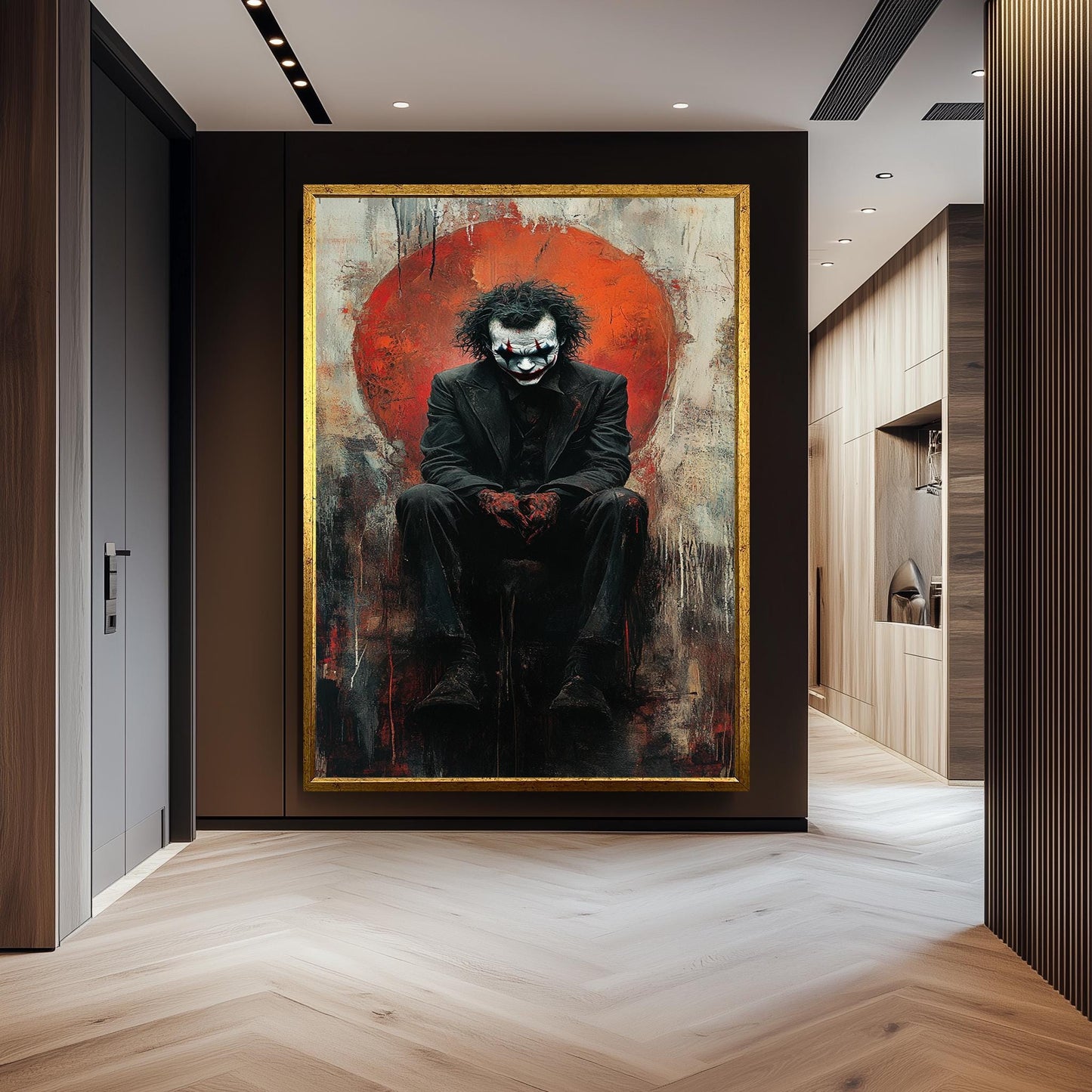 Dark Clown Sitting Canvas Art Gritty Abstract Villain Painting with Red Chaos, Gothic Pop Culture Wall Decor or Moody Fan Gift