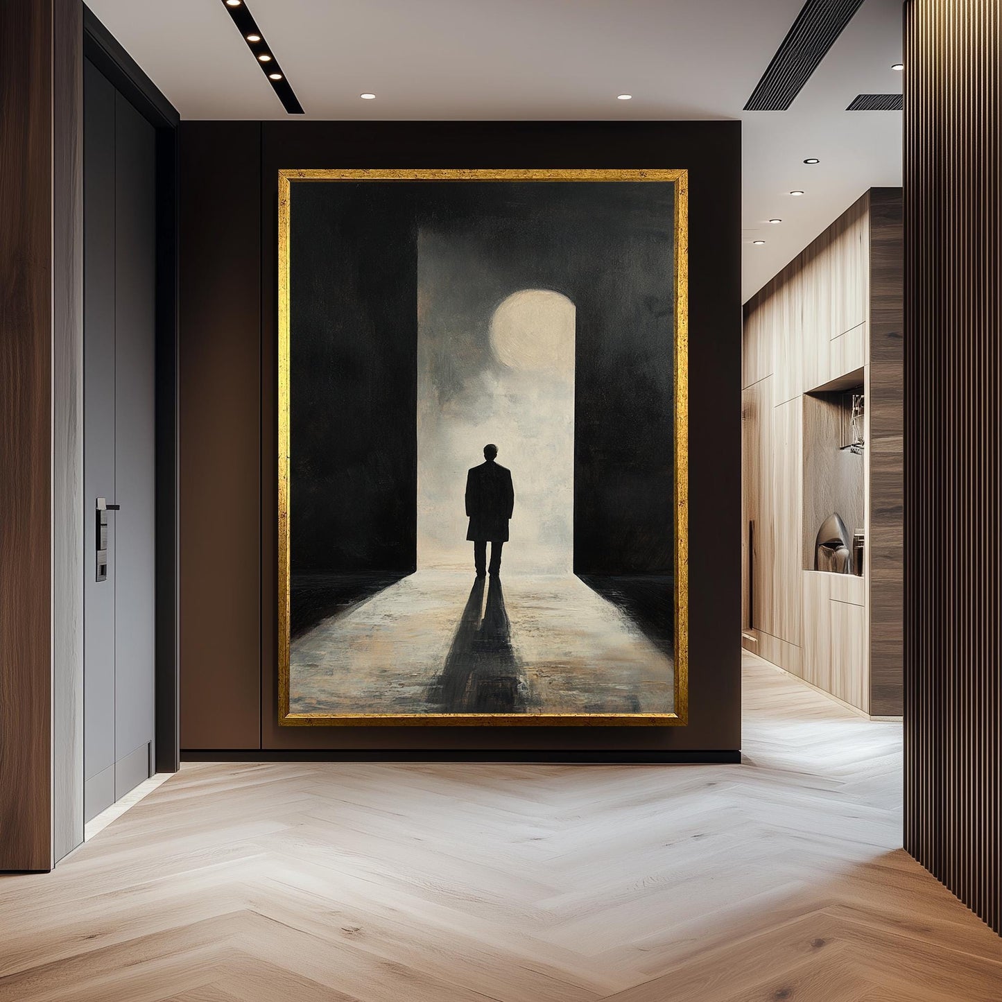Minimalist Silhouette Wall Art Canvas Print Moody Man in Doorway Modern Painting, Dark Abstract Shadow Art for Contemporary Spaces Man Art