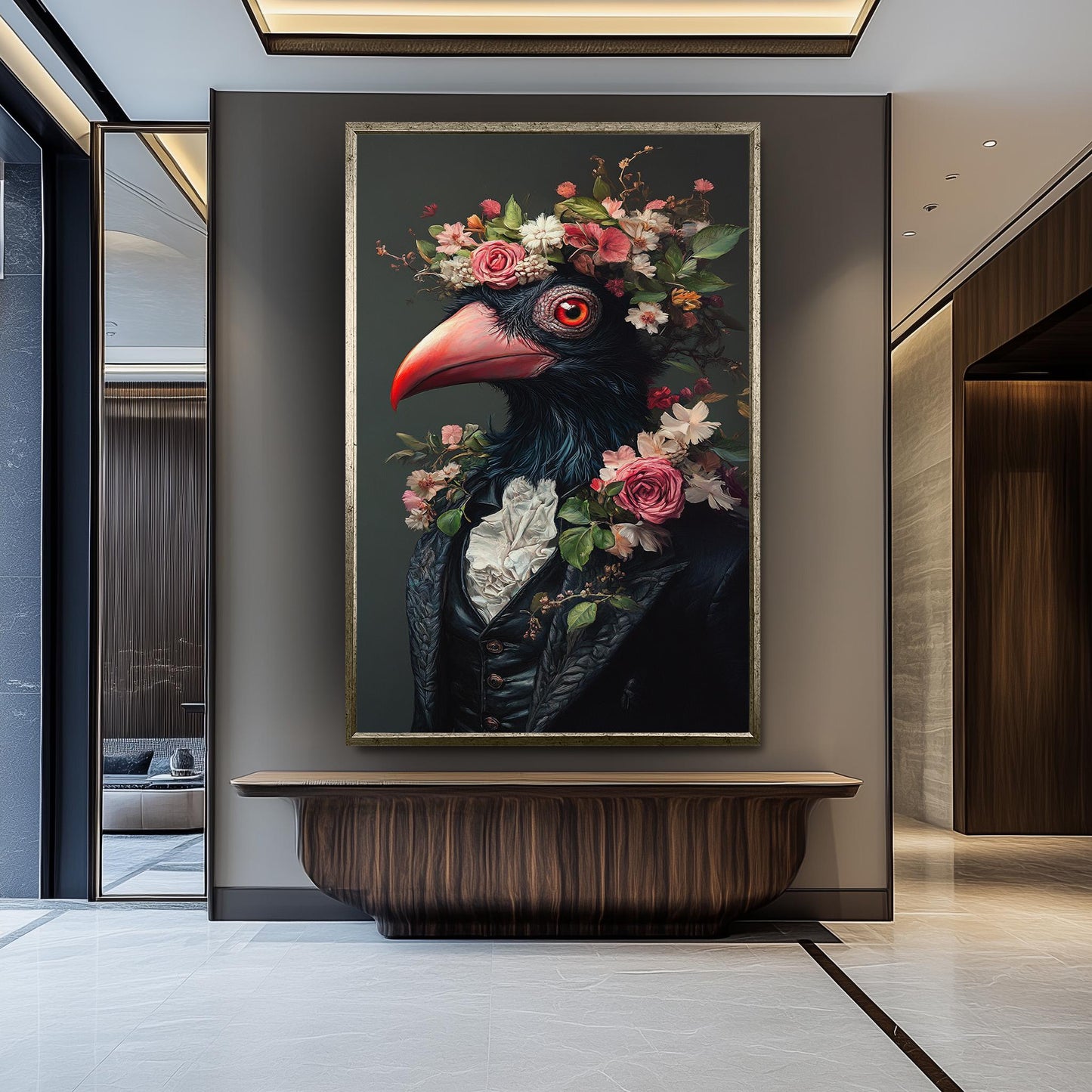 Victorian Bird Portrait Canvas: Surreal Floral Animal Wall Art