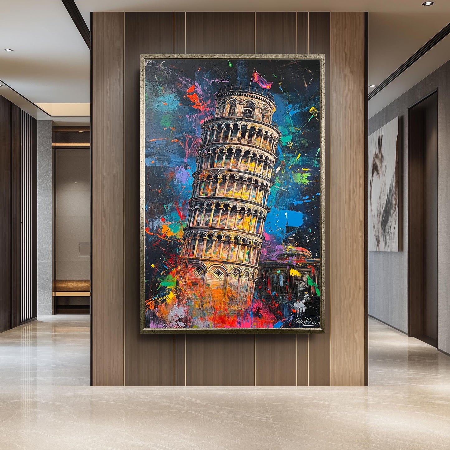 Colorful Leaning Tower of Pisa Wall Art Print, Vibrant Italy Landmark Canvas, Modern Abstract Travel Decor, Urban Splash Painting Poster