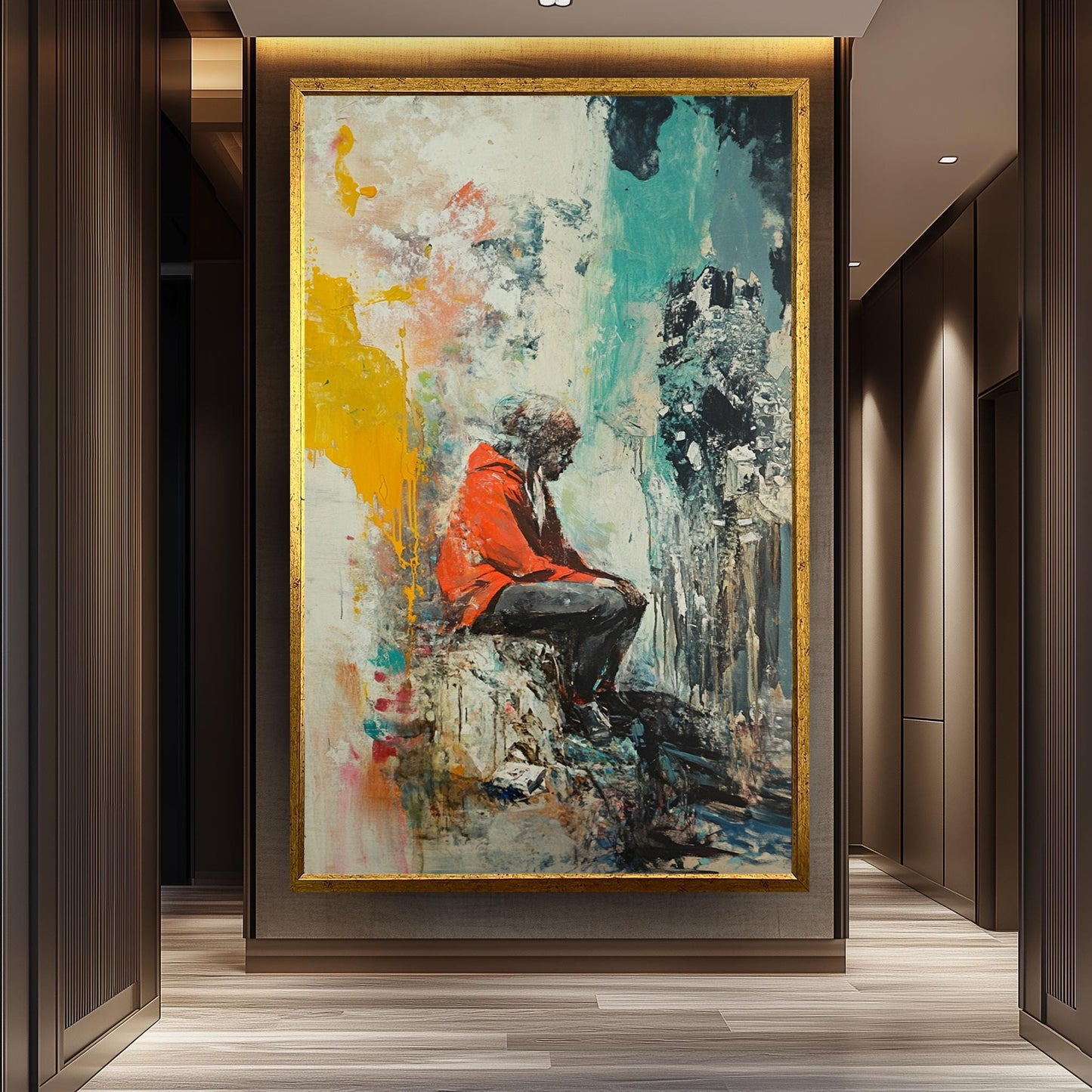 Emotional Urban Wall Art of a Lonely Person in Red Jacket Sitting Among Abstract Textures and Colors Street Style Canvas Painting Print
