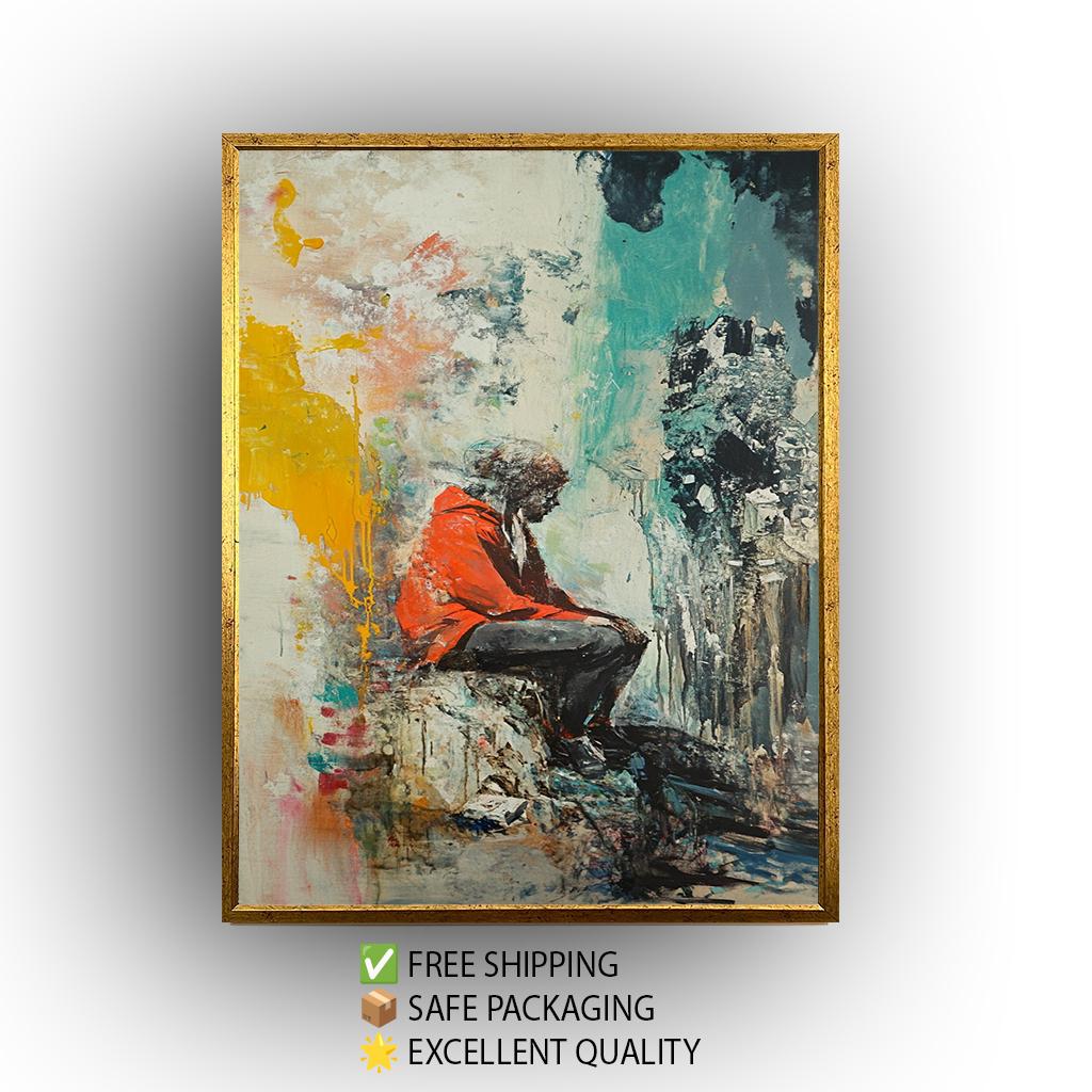 Emotional Urban Wall Art of a Lonely Person in Red Jacket Sitting Among Abstract Textures and Colors Street Style Canvas Painting Print