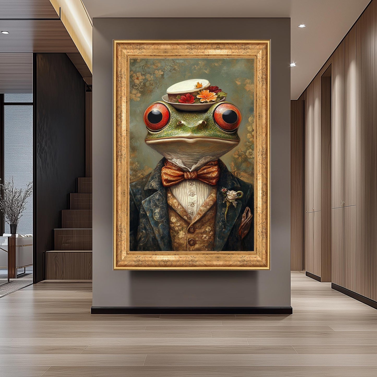 Victorian Frog Portrait: Whimsical Animal Painting with Floral Hat