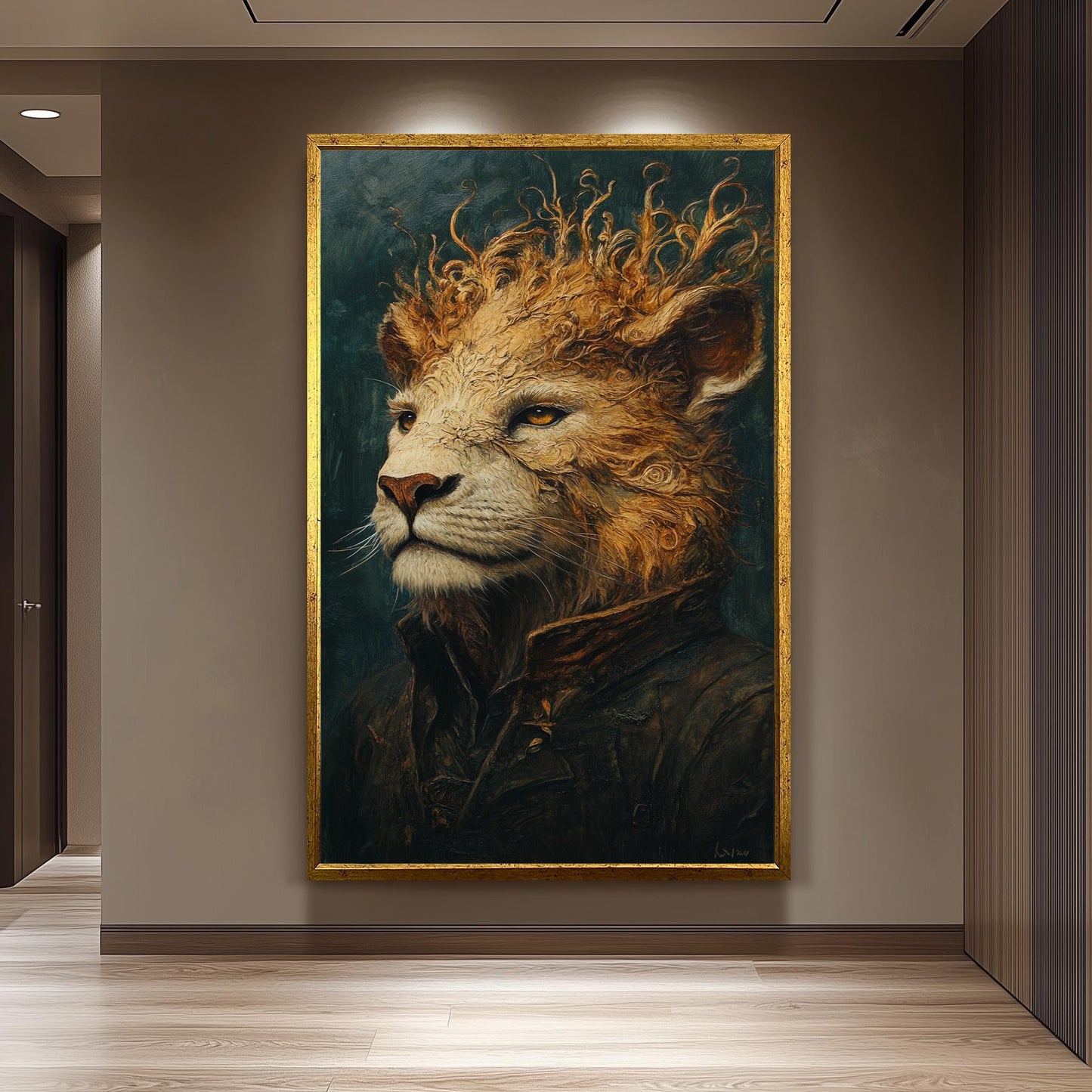 Majestic Surreal Lion Portrait Painting in Regal Coat with Flowing Mane Fantasy Style Wall Art Animal Illustration Digital Artwork Lion Art