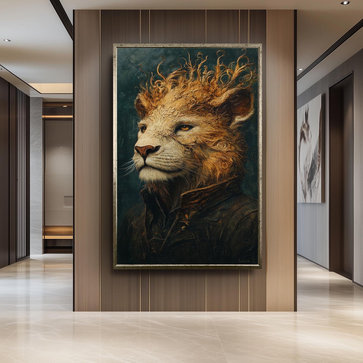 Majestic Surreal Lion Portrait Painting in Regal Coat with Flowing Mane Fantasy Style Wall Art Animal Illustration Digital Artwork Lion Art