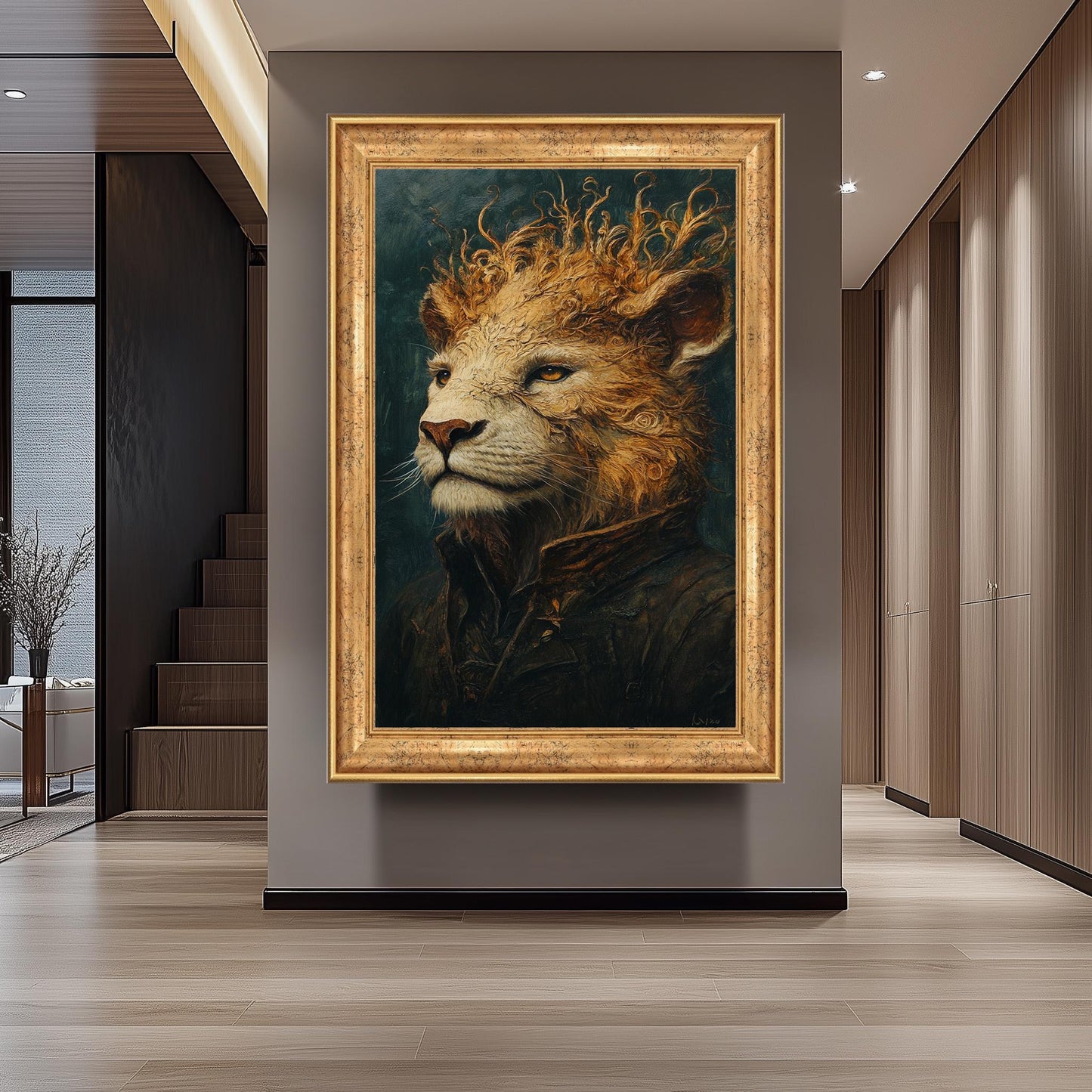 Majestic Surreal Lion Portrait Painting in Regal Coat with Flowing Mane Fantasy Style Wall Art Animal Illustration Digital Artwork Lion Art