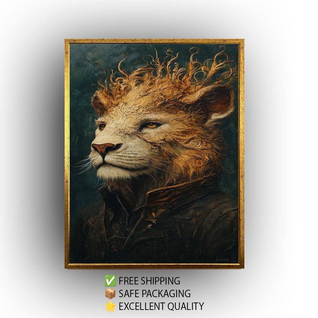 Majestic Surreal Lion Portrait Painting in Regal Coat with Flowing Mane Fantasy Style Wall Art Animal Illustration Digital Artwork Lion Art
