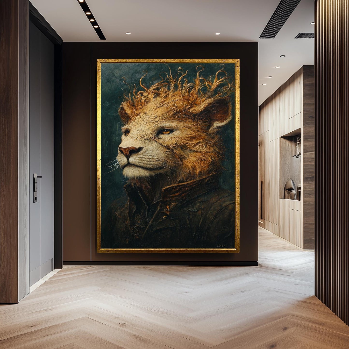 Majestic Surreal Lion Portrait Painting in Regal Coat with Flowing Mane Fantasy Style Wall Art Animal Illustration Digital Artwork Lion Art