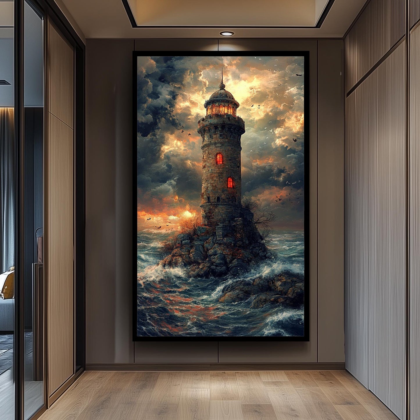 Mystical Lighthouse Wall Art Fantasy Ocean Tower Canvas Print, Dramatic Stormy Sea Painting for Nautical Themed Room Décor, Tower Wall Art.