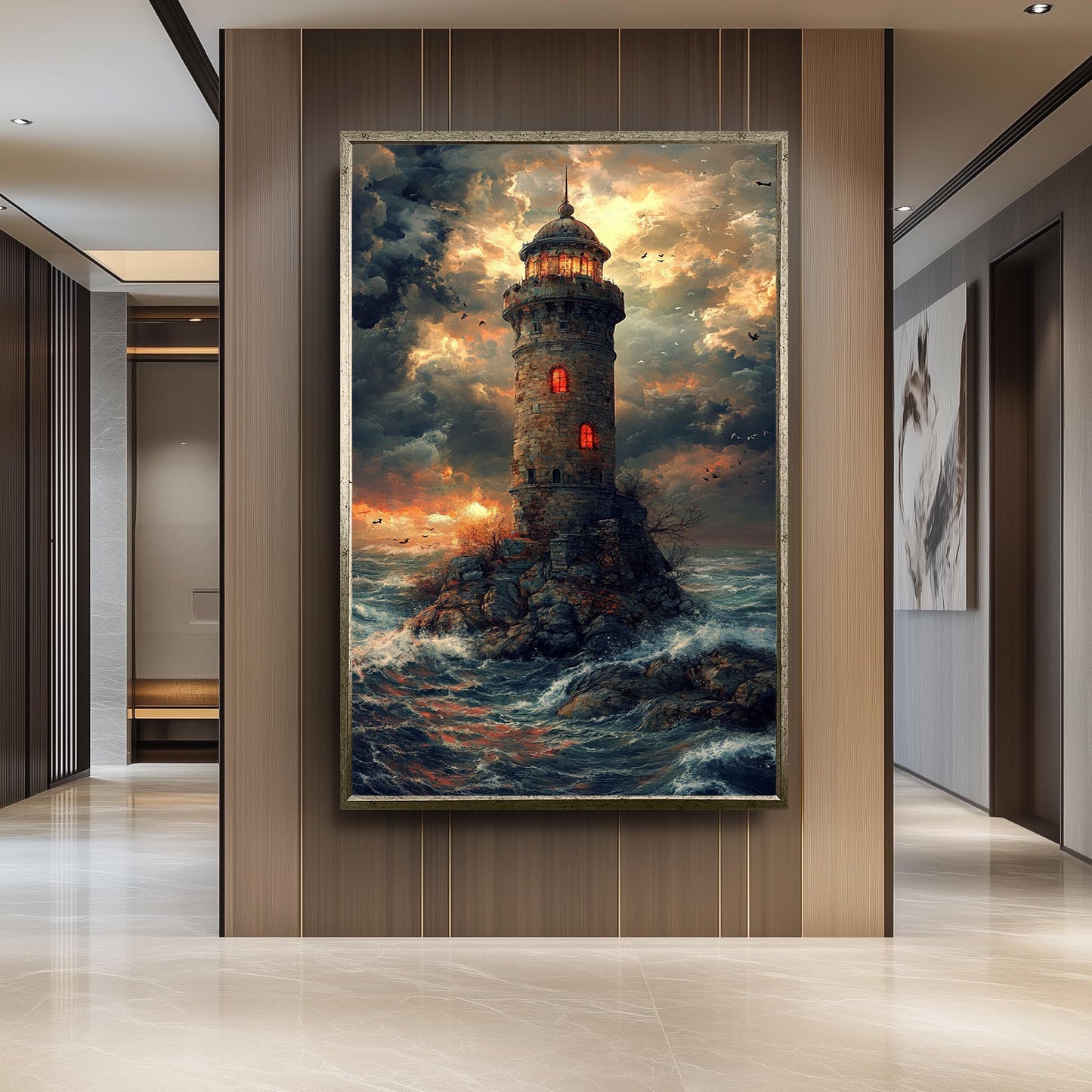 Mystical Lighthouse Wall Art Fantasy Ocean Tower Canvas Print, Dramatic Stormy Sea Painting for Nautical Themed Room Décor, Tower Wall Art.