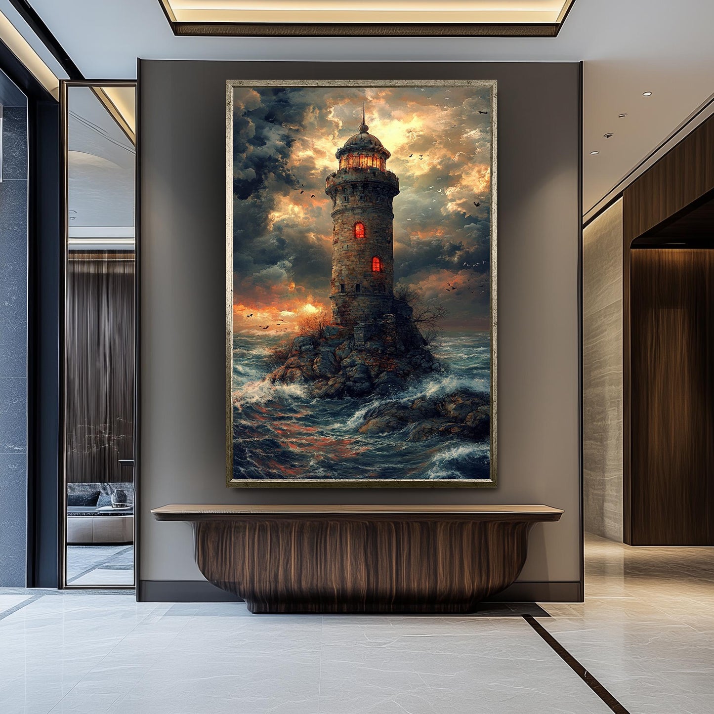 Mystical Lighthouse Wall Art Fantasy Ocean Tower Canvas Print, Dramatic Stormy Sea Painting for Nautical Themed Room Décor, Tower Wall Art.