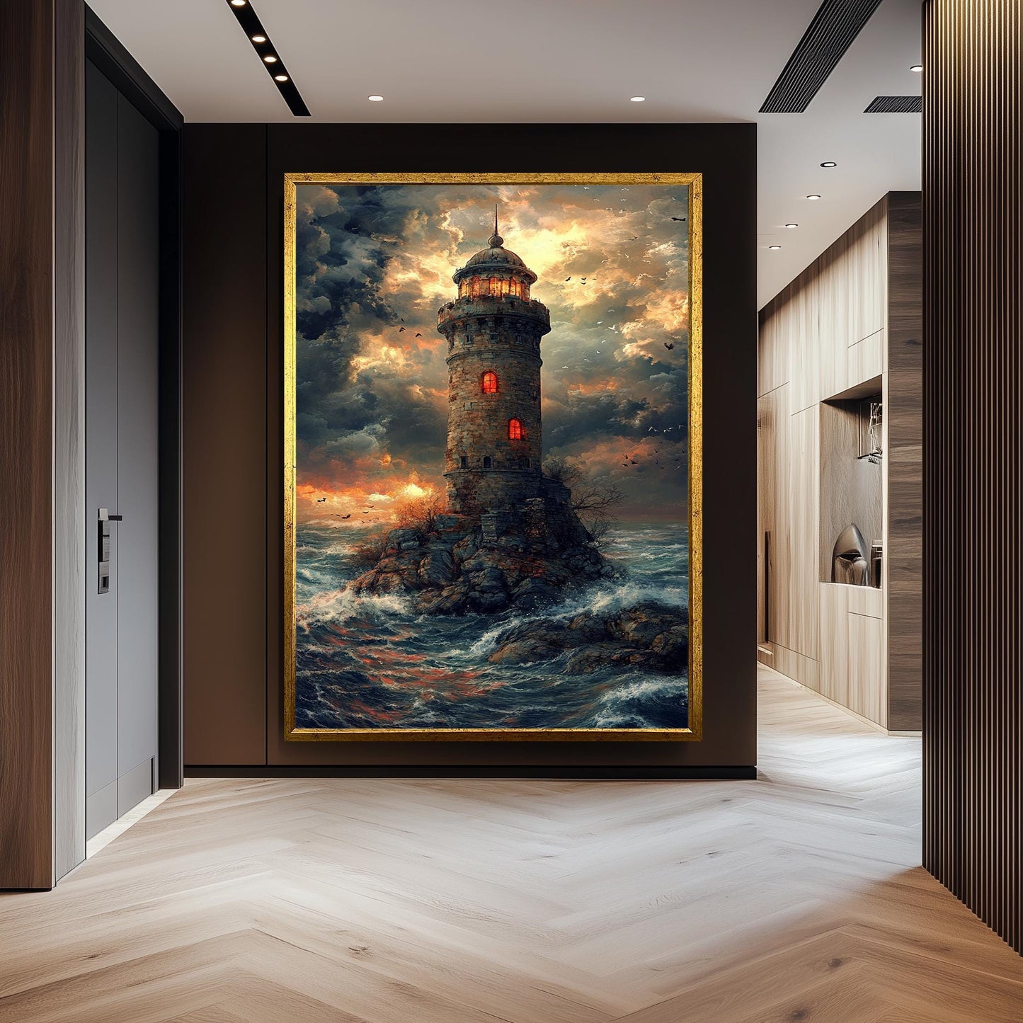 Mystical Lighthouse Wall Art Fantasy Ocean Tower Canvas Print, Dramatic Stormy Sea Painting for Nautical Themed Room Décor, Tower Wall Art.