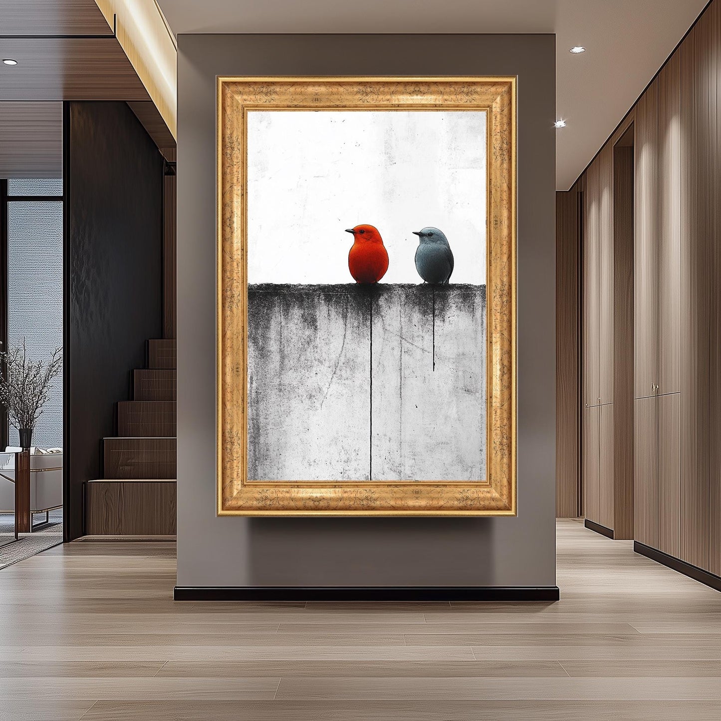 Minimalist Bird Wall Art Red and Blue Birds on Monochrome Fence Canvas Print, Modern Contrast Animal Painting for Contemporary Home Décor