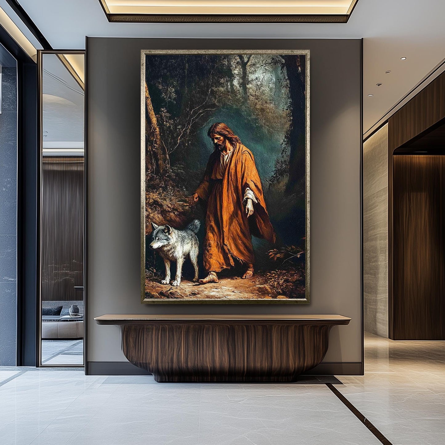 Jesus with Wolf Spiritual Wall Art Canvas Print, Symbolic Religious Painting of Shepherd and Wolf in Forest for Faith-Based Home Décor