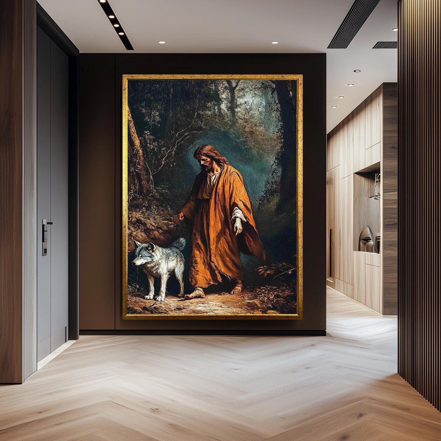 Jesus with Wolf Spiritual Wall Art Canvas Print, Symbolic Religious Painting of Shepherd and Wolf in Forest for Faith-Based Home Décor
