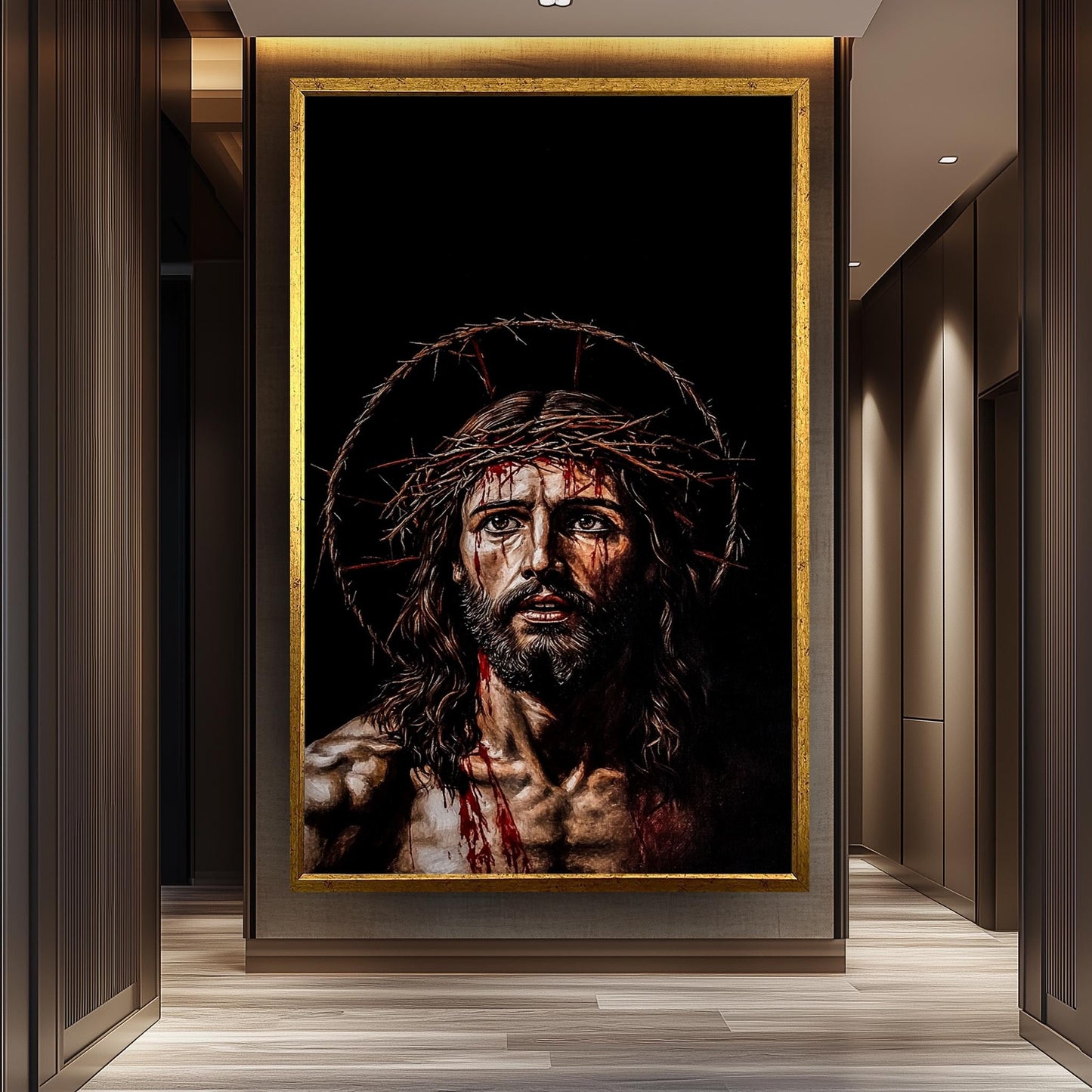 Jesus Crown of Thorns Wall Art Canvas Print, Powerful Religious Painting of Christ's Suffering with Dark Background for Spiritual Home Décor