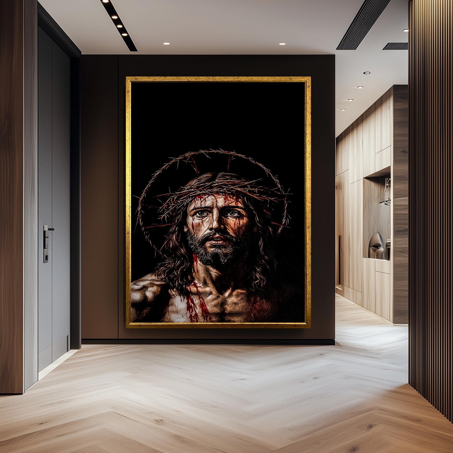 Jesus Crown of Thorns Wall Art Canvas Print, Powerful Religious Painting of Christ's Suffering with Dark Background for Spiritual Home Décor