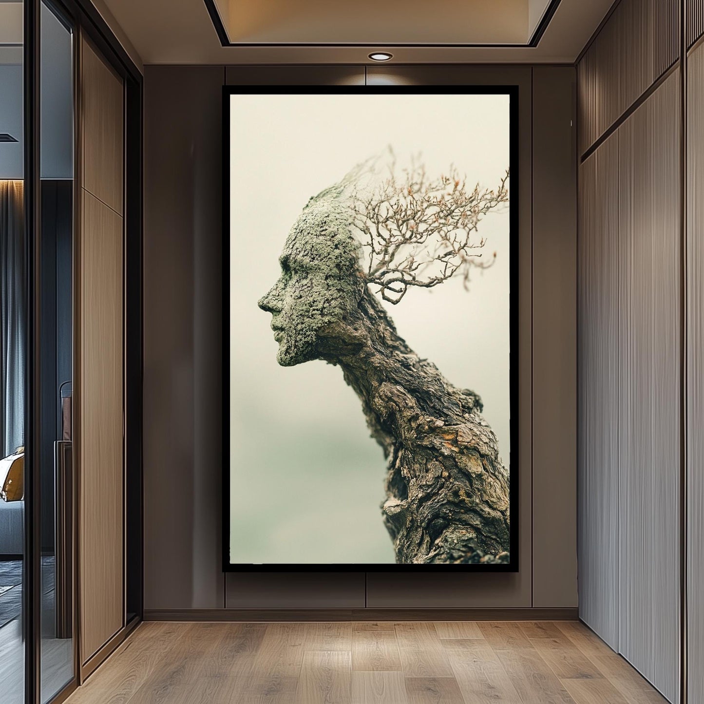 Surreal Tree Human Face Wall Art Nature Spirit Canvas Print, Abstract Wooden Sculpture Portrait for Organic and Earthy Home Décor, Tree Art