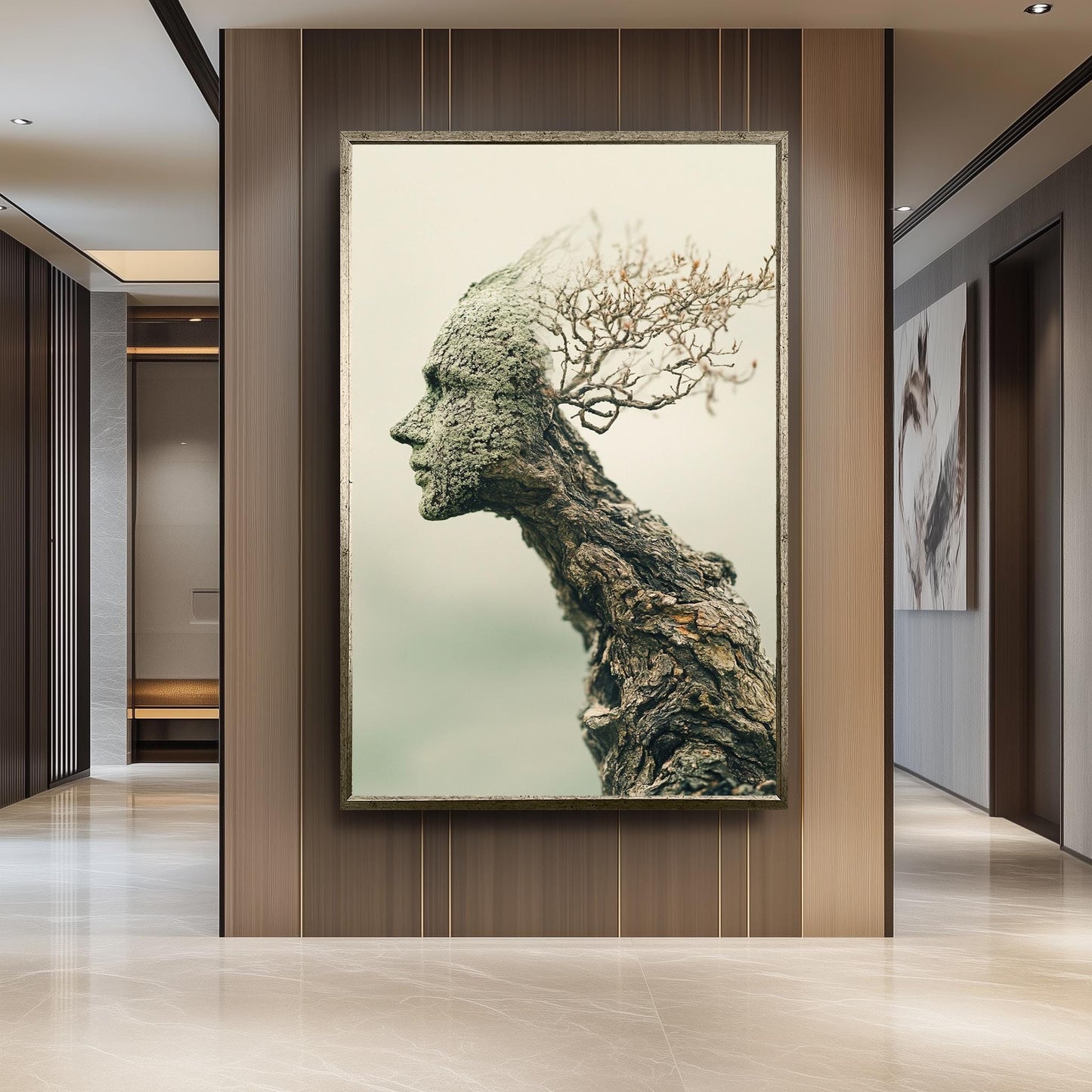 Surreal Tree Human Face Wall Art Nature Spirit Canvas Print, Abstract Wooden Sculpture Portrait for Organic and Earthy Home Décor, Tree Art