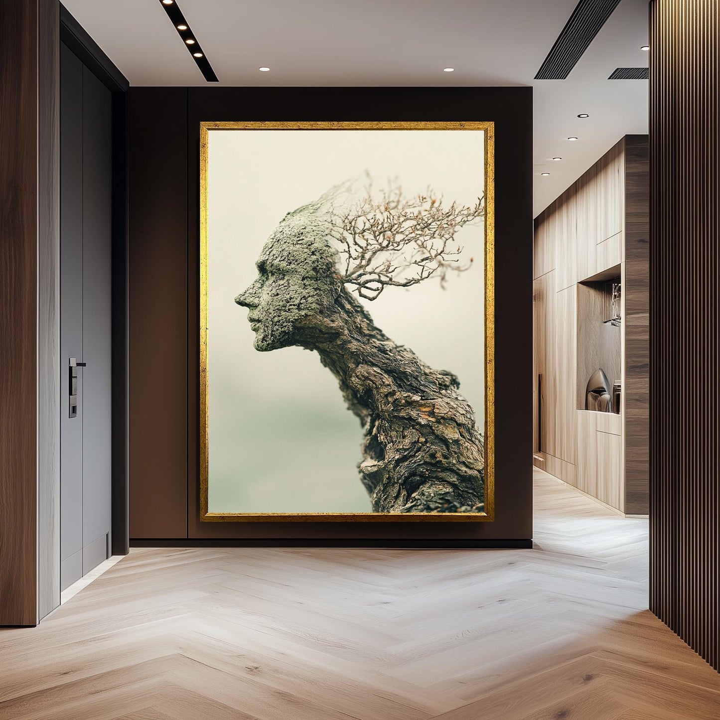 Surreal Tree Human Face Wall Art Nature Spirit Canvas Print, Abstract Wooden Sculpture Portrait for Organic and Earthy Home Décor, Tree Art