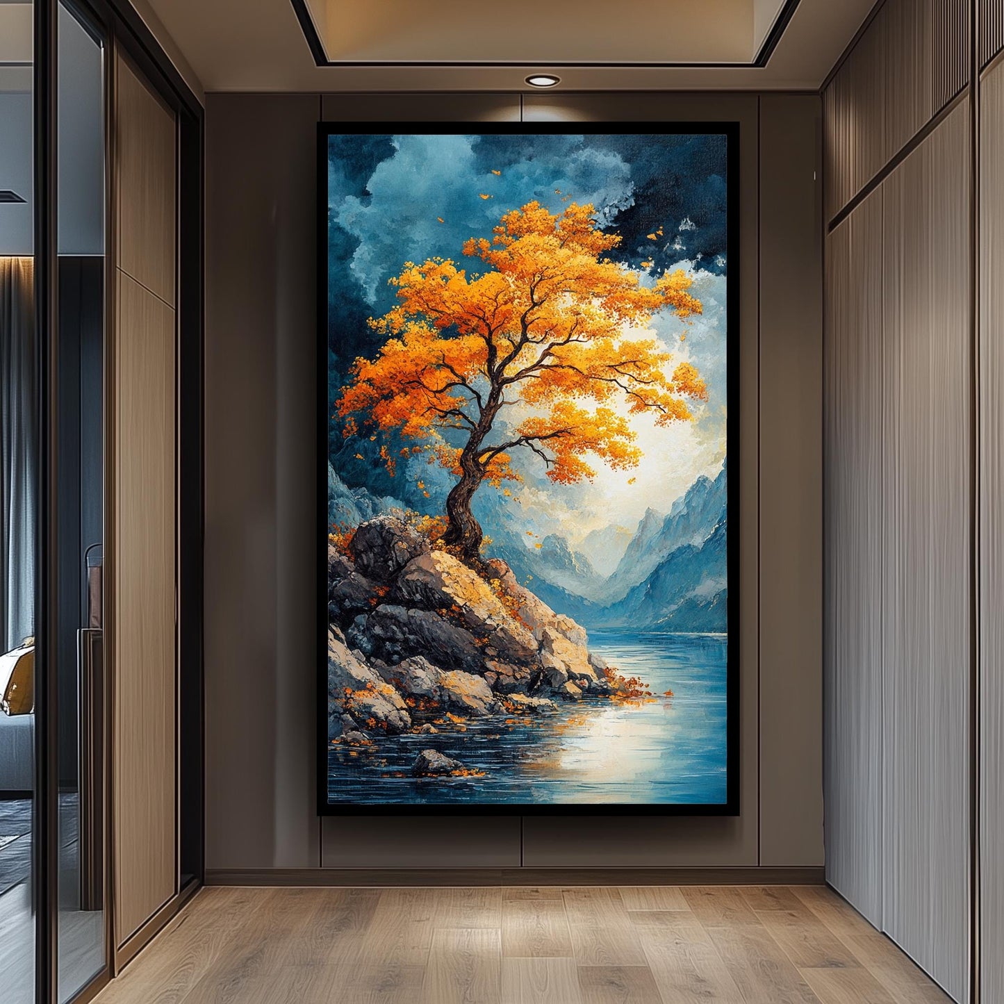 Golden Tree Landscape Wall Art Autumn Mountain Lake Canvas Print, Vibrant Nature Painting with Blue Sky and Rocky Shore for Home Décor