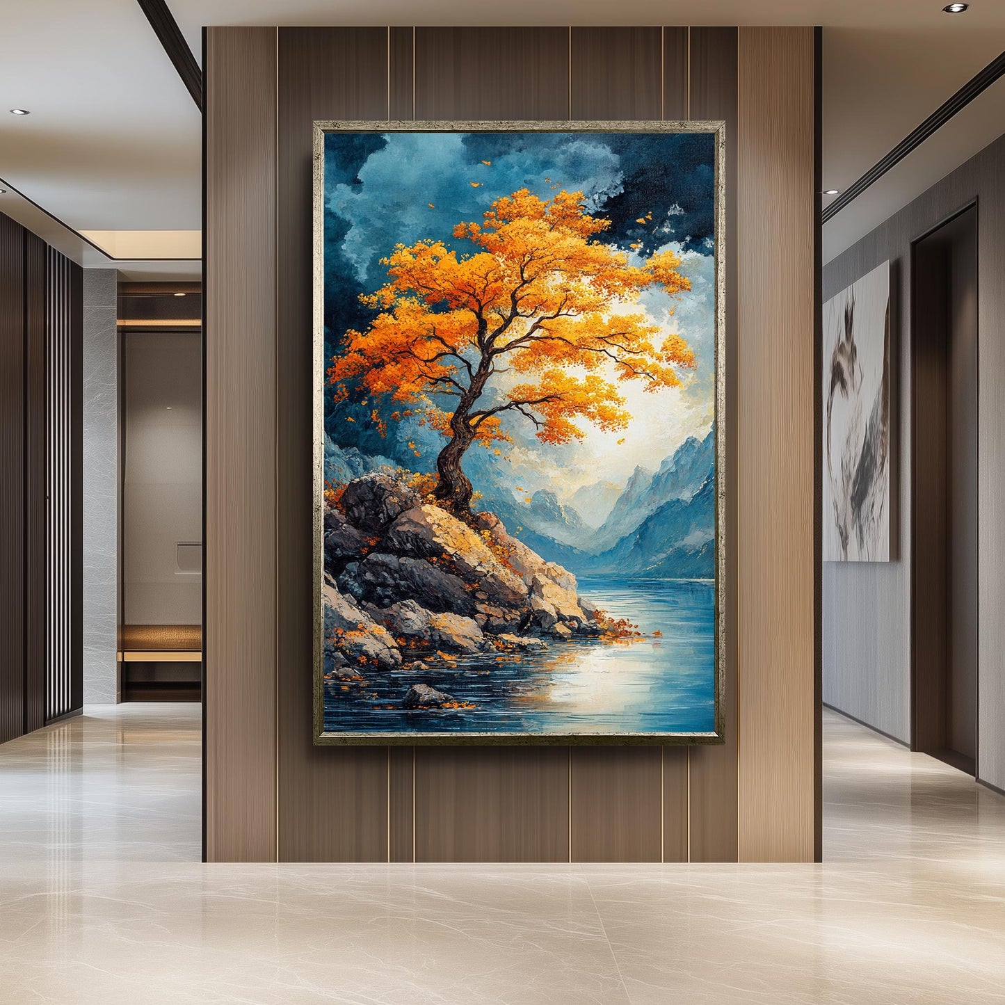 Golden Tree Landscape Wall Art Autumn Mountain Lake Canvas Print, Vibrant Nature Painting with Blue Sky and Rocky Shore for Home Décor