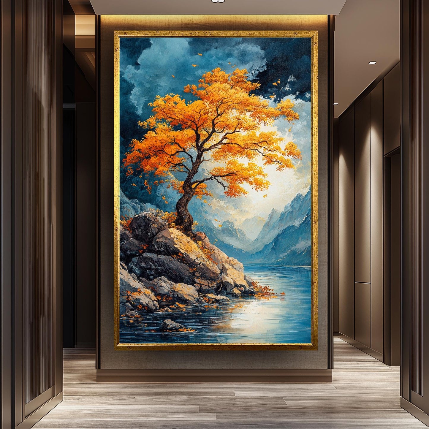 Golden Tree Landscape Wall Art Autumn Mountain Lake Canvas Print, Vibrant Nature Painting with Blue Sky and Rocky Shore for Home Décor