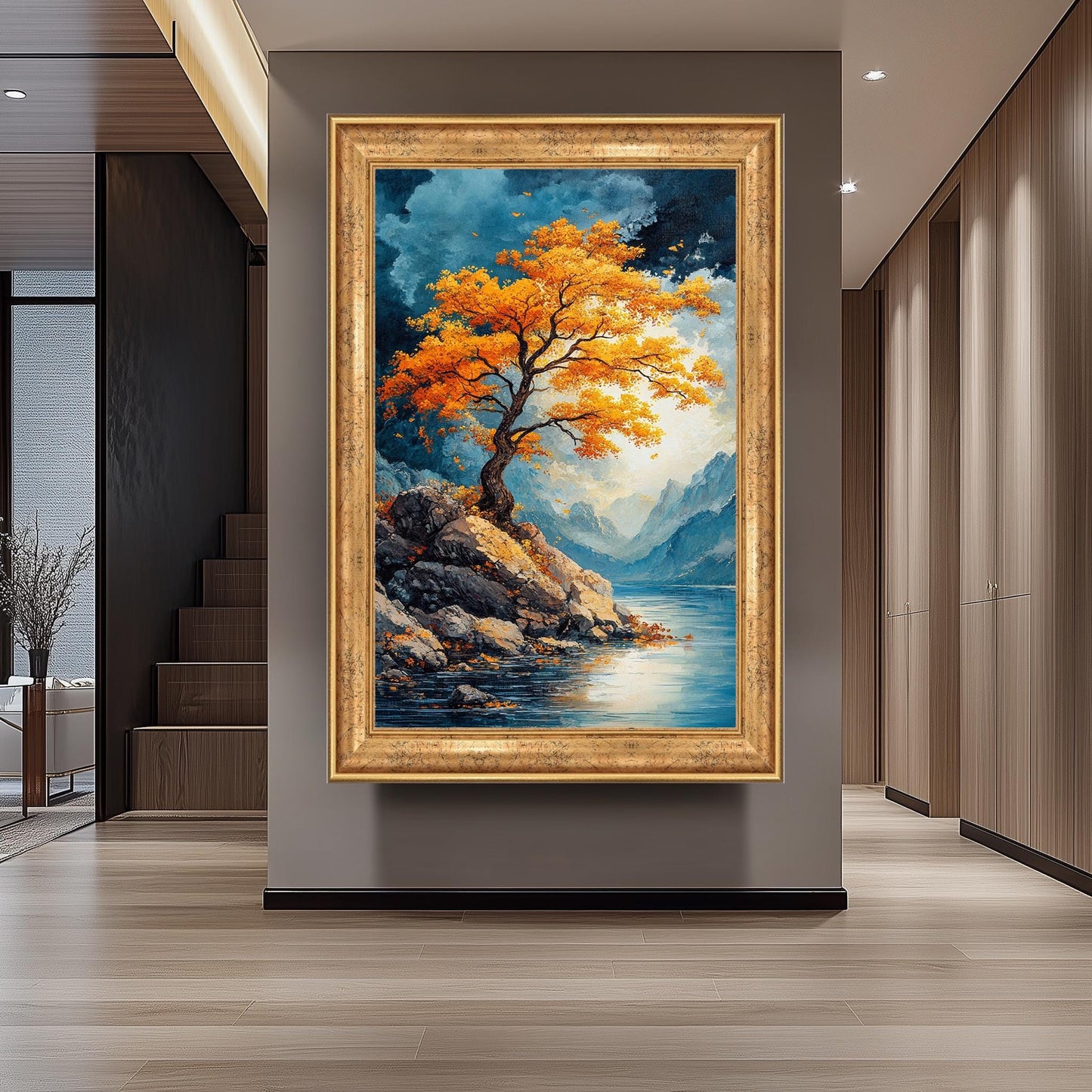Golden Tree Landscape Wall Art Autumn Mountain Lake Canvas Print, Vibrant Nature Painting with Blue Sky and Rocky Shore for Home Décor