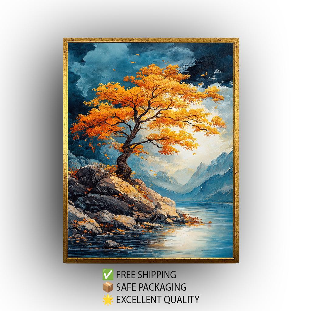 Golden Tree Landscape Wall Art Autumn Mountain Lake Canvas Print, Vibrant Nature Painting with Blue Sky and Rocky Shore for Home Décor