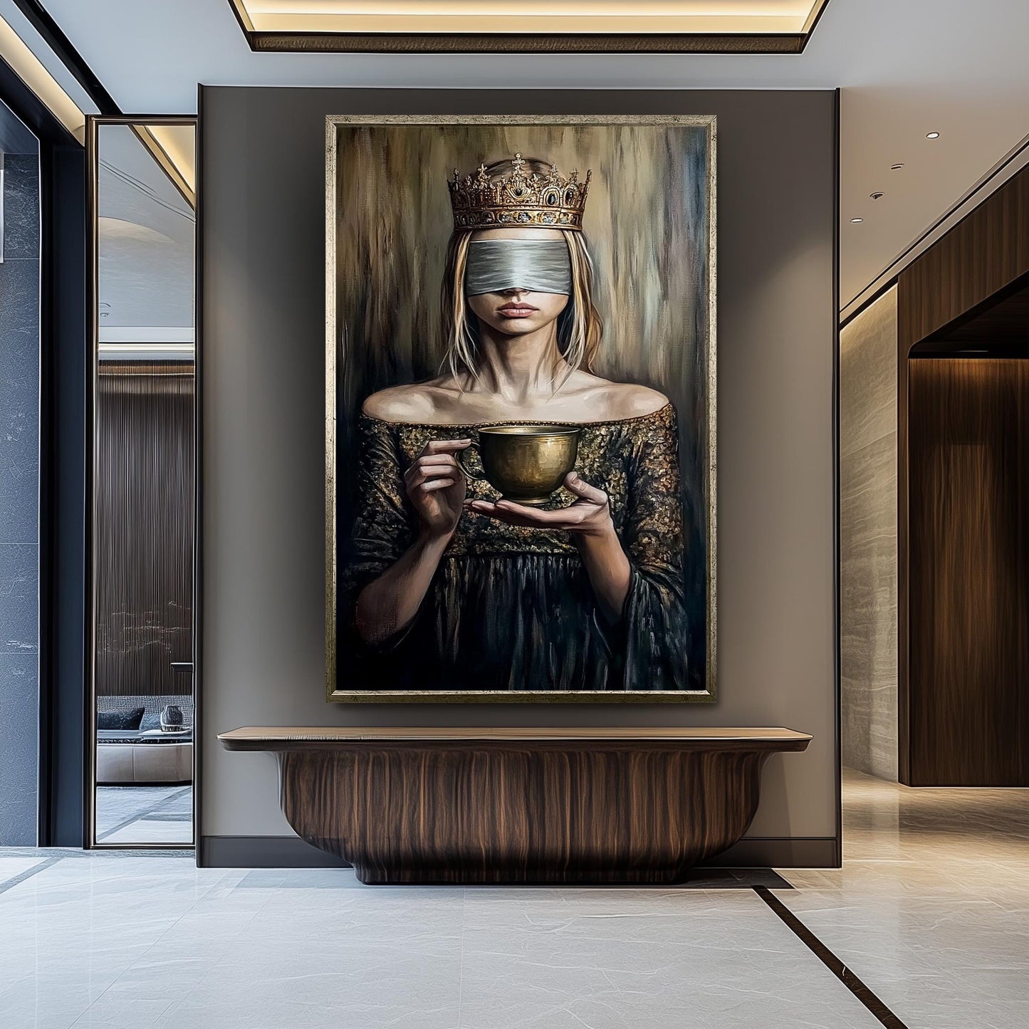 Blindfolded Queen Wall Art Regal Woman Holding Golden Cup Canvas Print, Mysterious Symbolic Oil Painting for Elegant and Dark Modern Décor