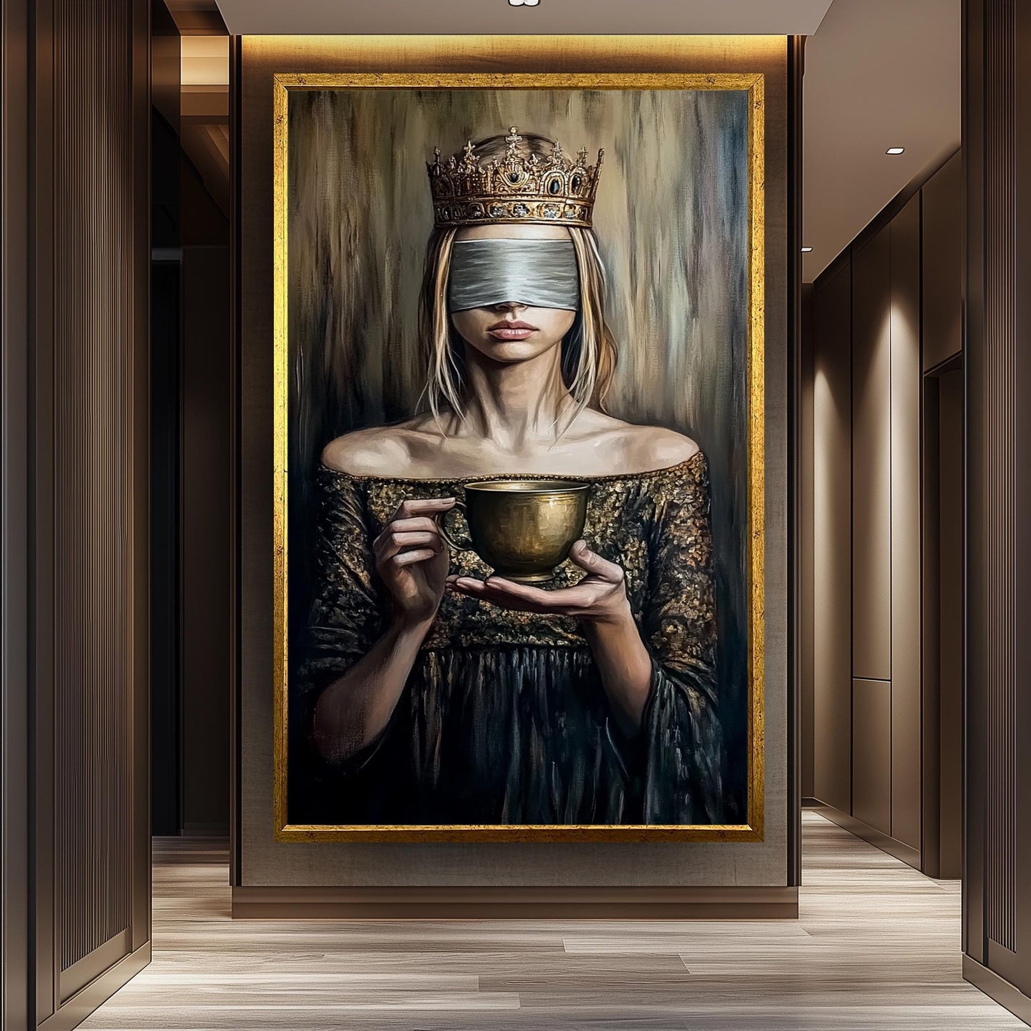 Blindfolded Queen Wall Art Regal Woman Holding Golden Cup Canvas Print, Mysterious Symbolic Oil Painting for Elegant and Dark Modern Décor