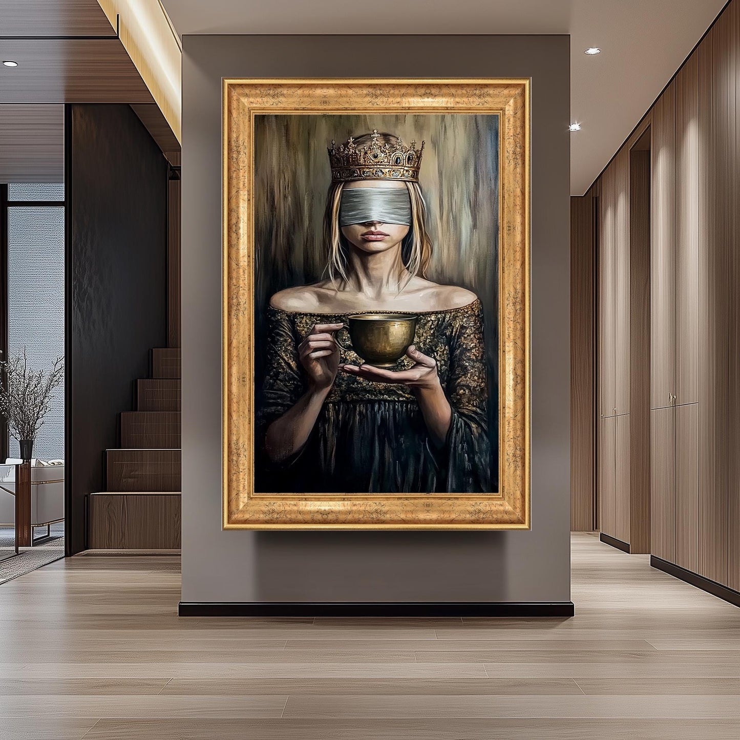 Blindfolded Queen Wall Art Regal Woman Holding Golden Cup Canvas Print, Mysterious Symbolic Oil Painting for Elegant and Dark Modern Décor