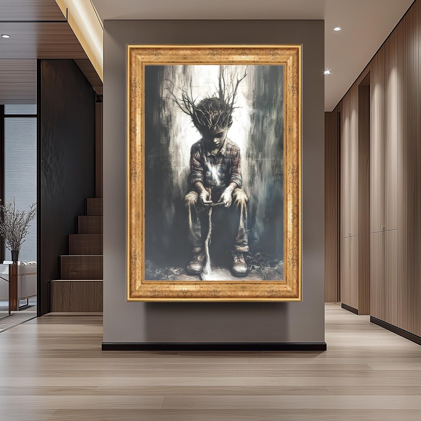 Surreal Boy with Tree Roots Canvas Print: Emotional Fantasy Wall Art