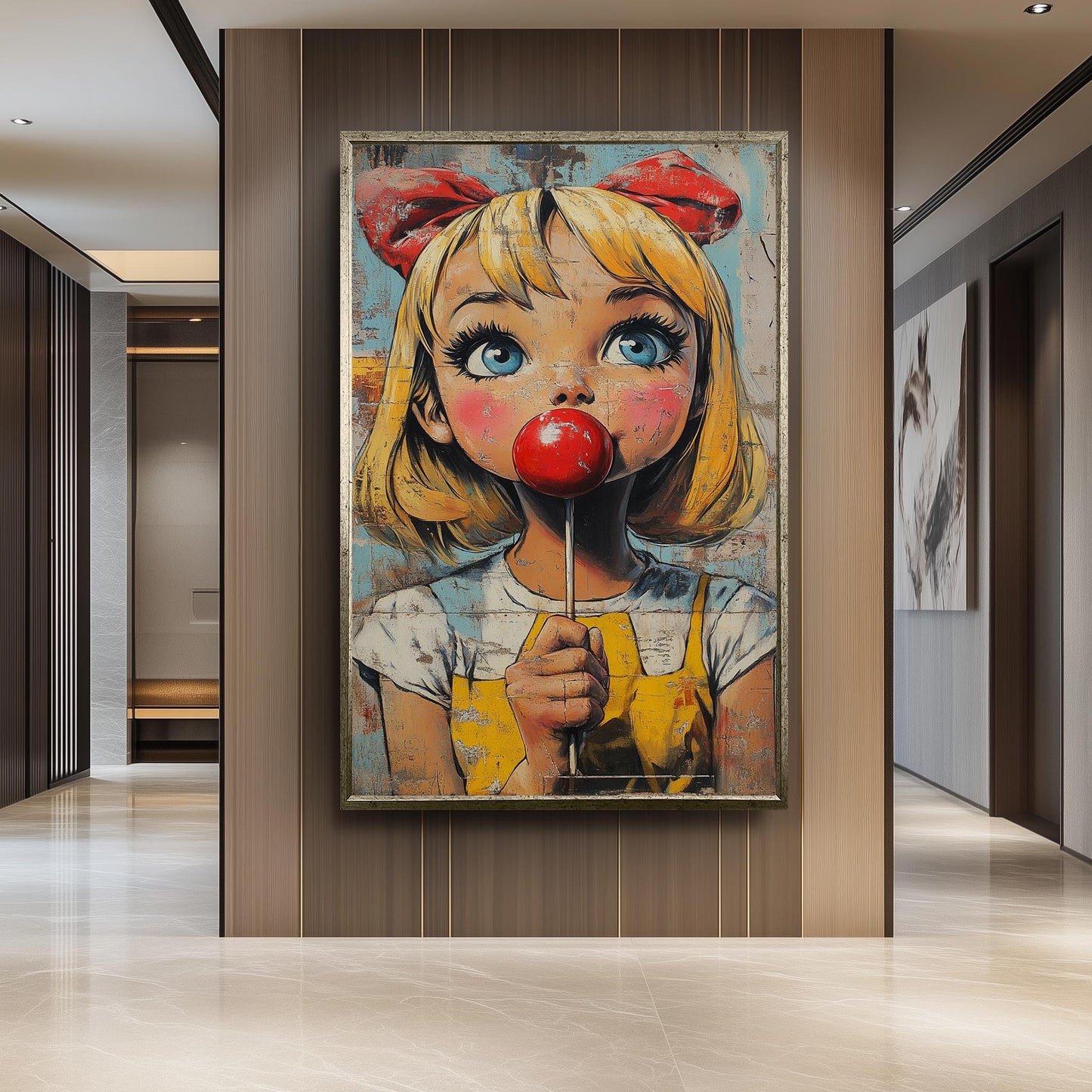 Pop Art Girl with Lollipop Canvas Print: Retro Cartoon Portrait