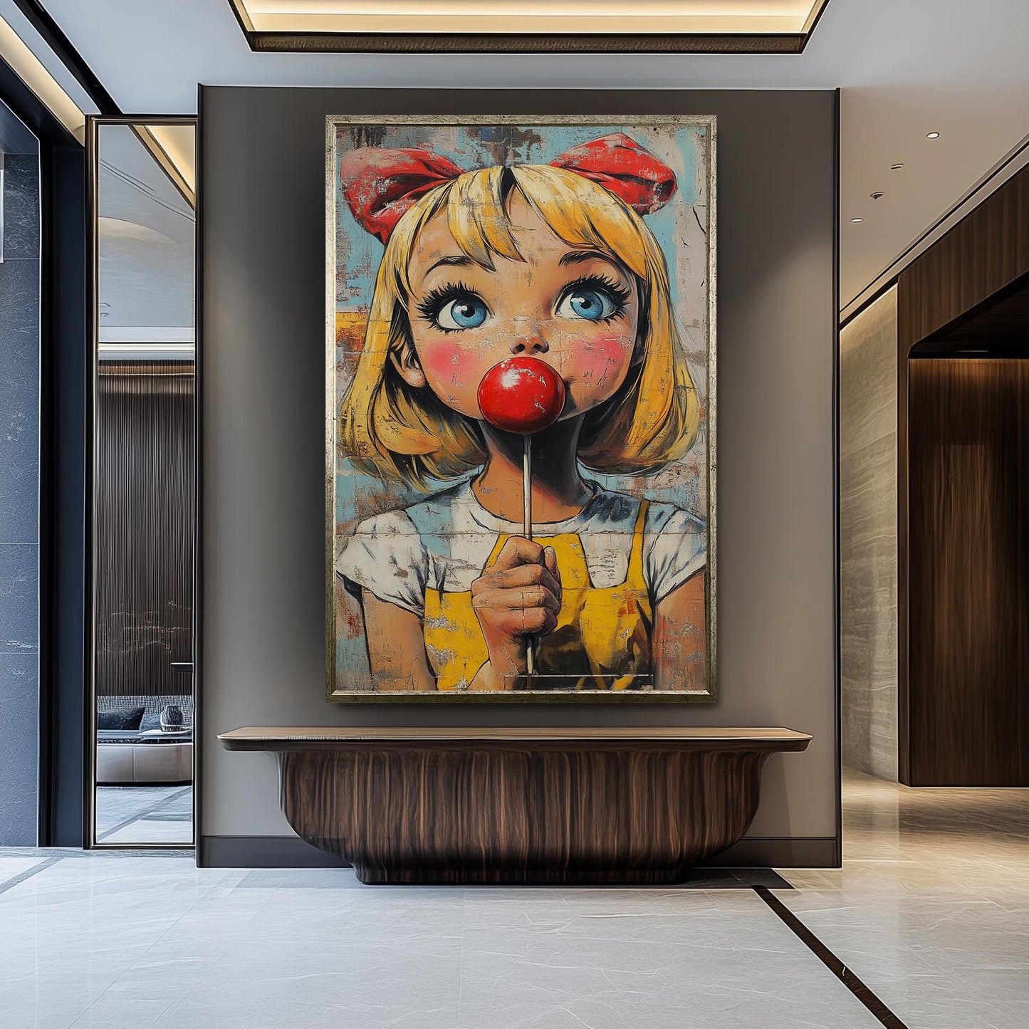Pop Art Girl with Lollipop Canvas Print: Retro Cartoon Portrait
