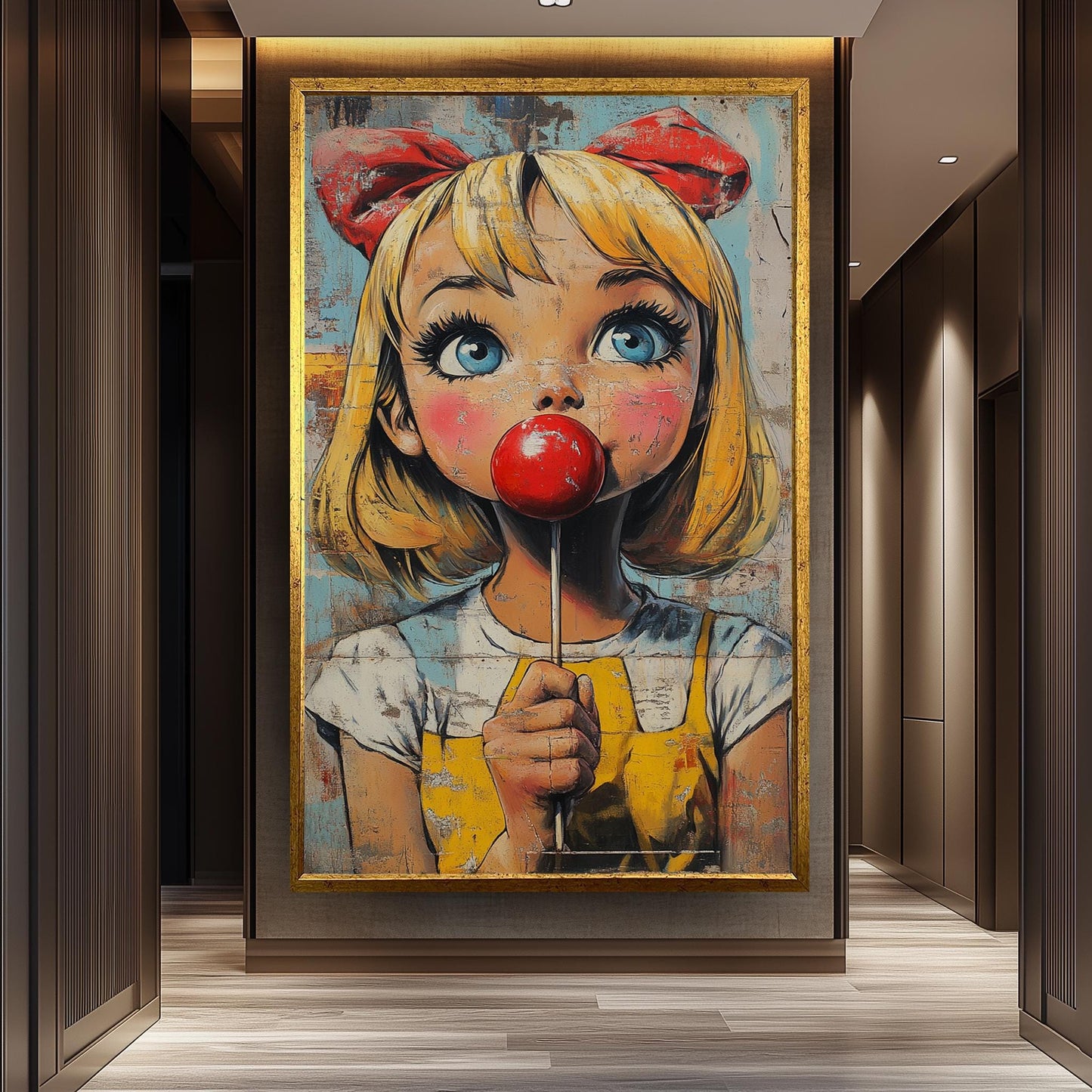 Pop Art Girl with Lollipop Canvas Print: Retro Cartoon Portrait