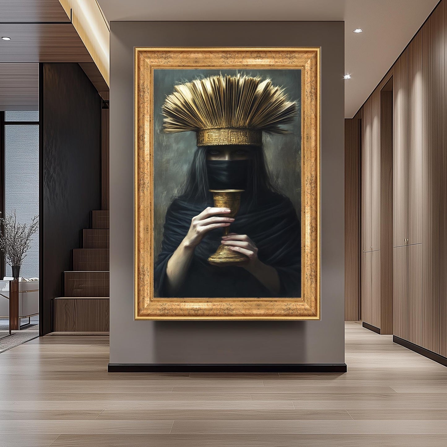 Veiled Woman Portrait: Dark Fantasy Art, Golden Chalice, Regal Crown