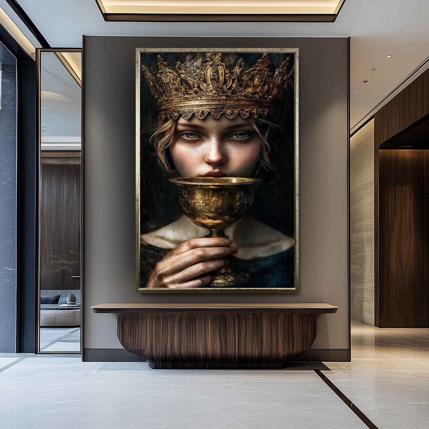 Regal Surreal Portrait Wall Art of Enigmatic Woman with Ornate Golden Crown and Chalice in Moody Renaissance Fantasy Style, Crown Woman Art