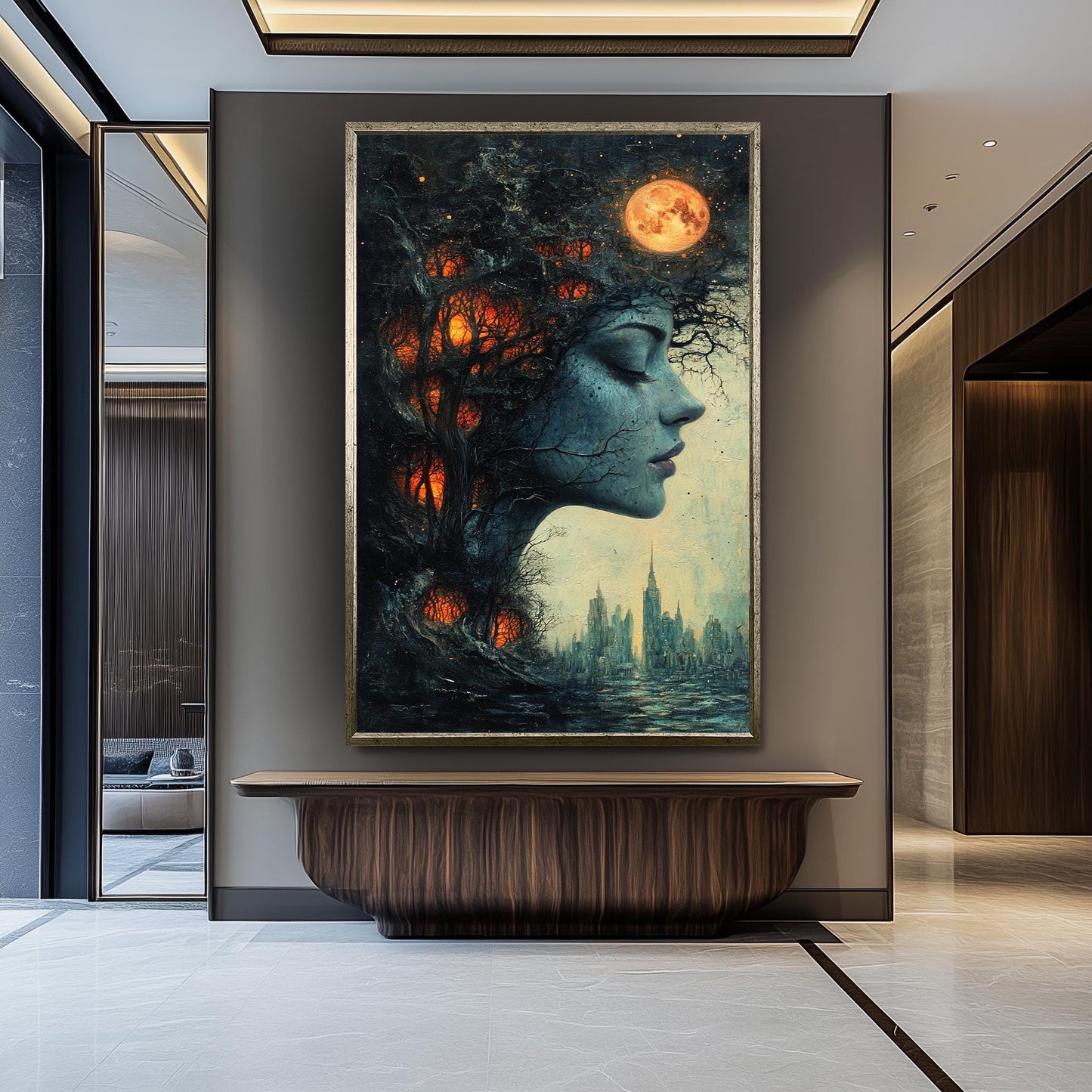 Surreal Woman Forest Canvas Art: Dreamlike Cityscape Wall Decor