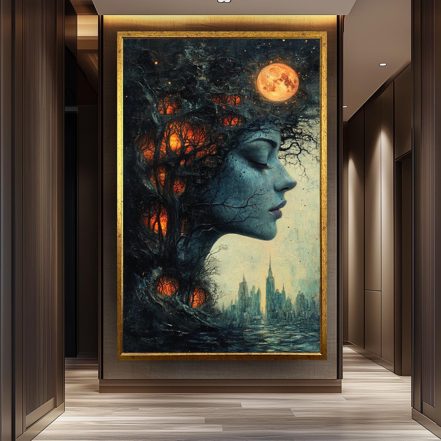 Surreal Woman Forest Canvas Art: Dreamlike Cityscape Wall Decor
