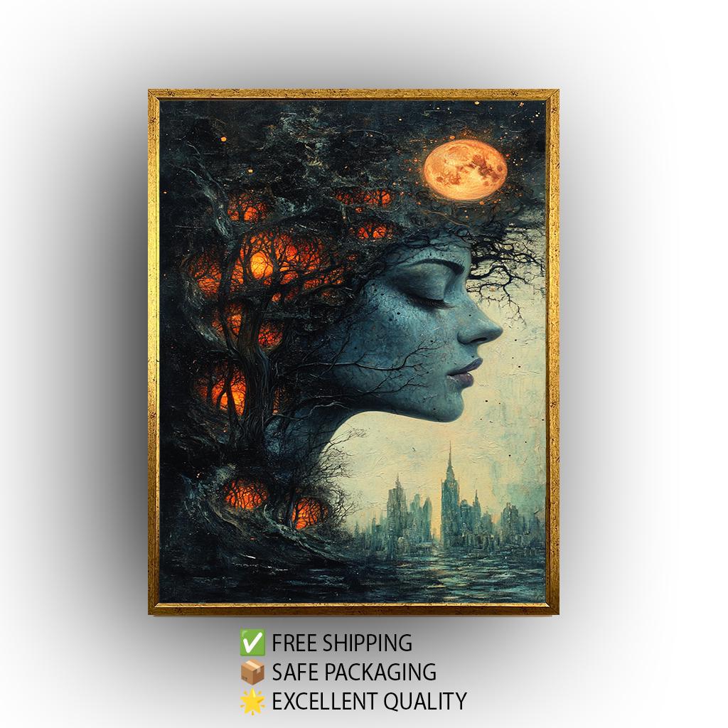 Surreal Woman Forest Canvas Art: Dreamlike Cityscape Wall Decor