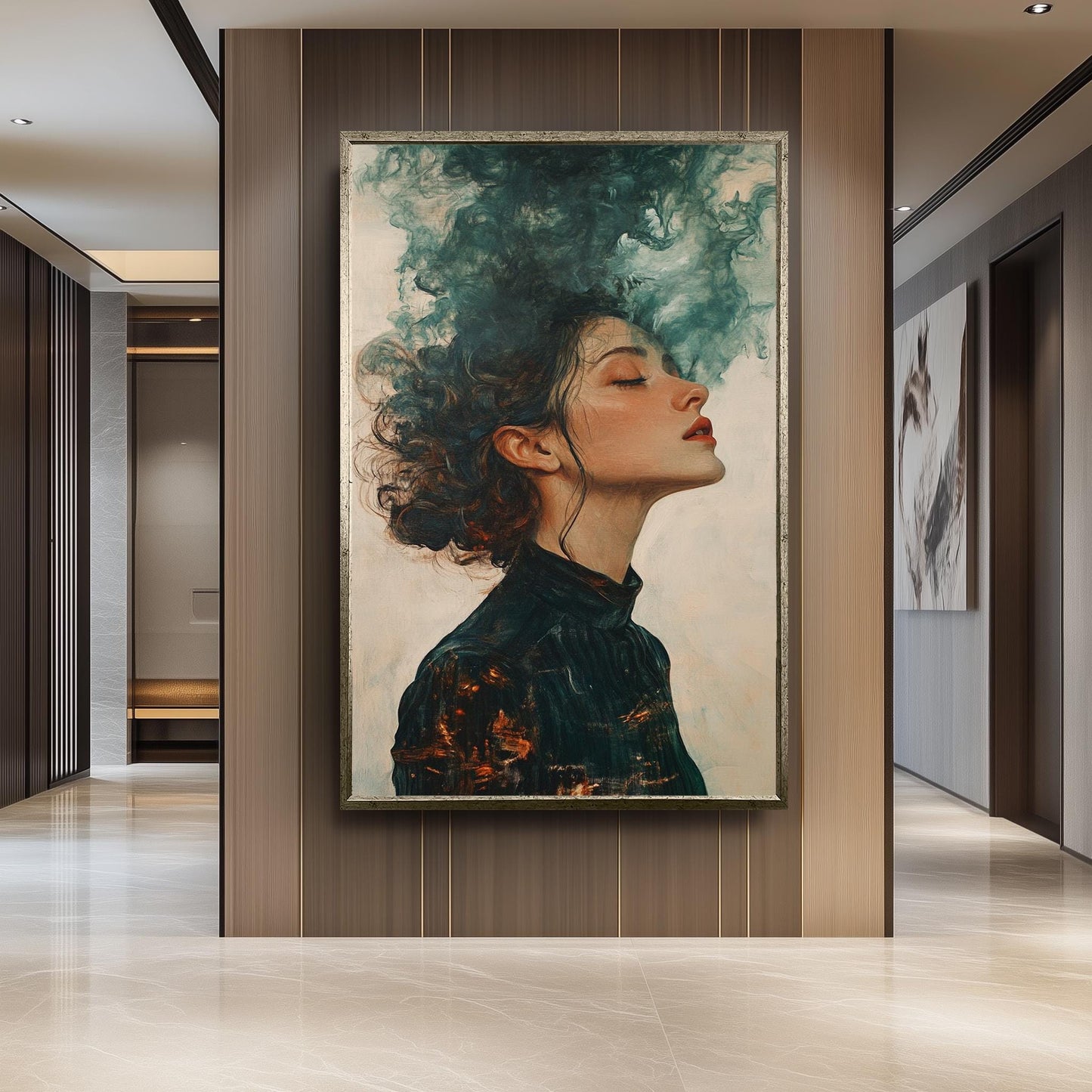 Surreal Wall Art of Dreamy Woman with Flowing Hair Transforming into Smoke in Moody Abstract Oil Painting Style, Woman Painting, Surreal Art
