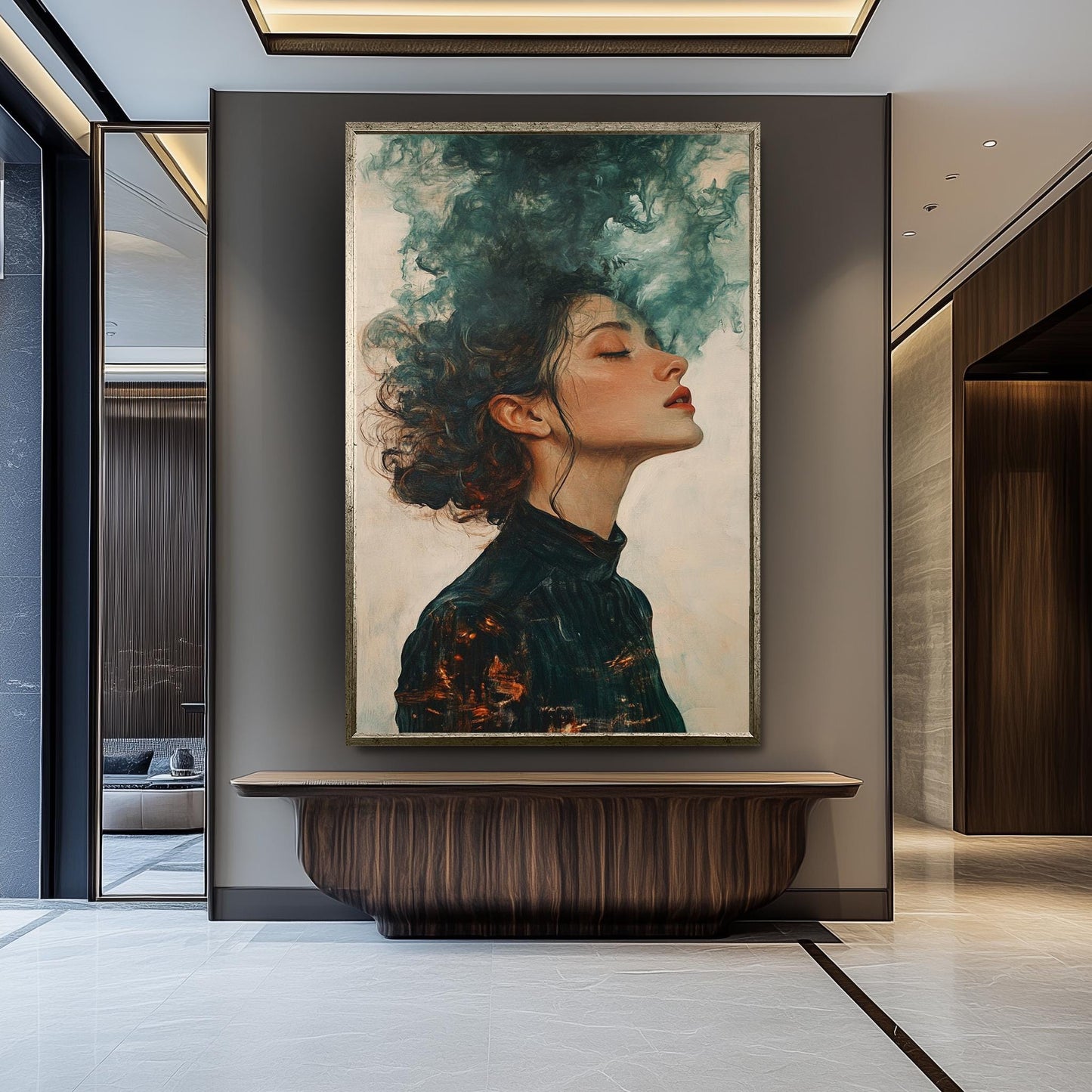 Surreal Wall Art of Dreamy Woman with Flowing Hair Transforming into Smoke in Moody Abstract Oil Painting Style, Woman Painting, Surreal Art