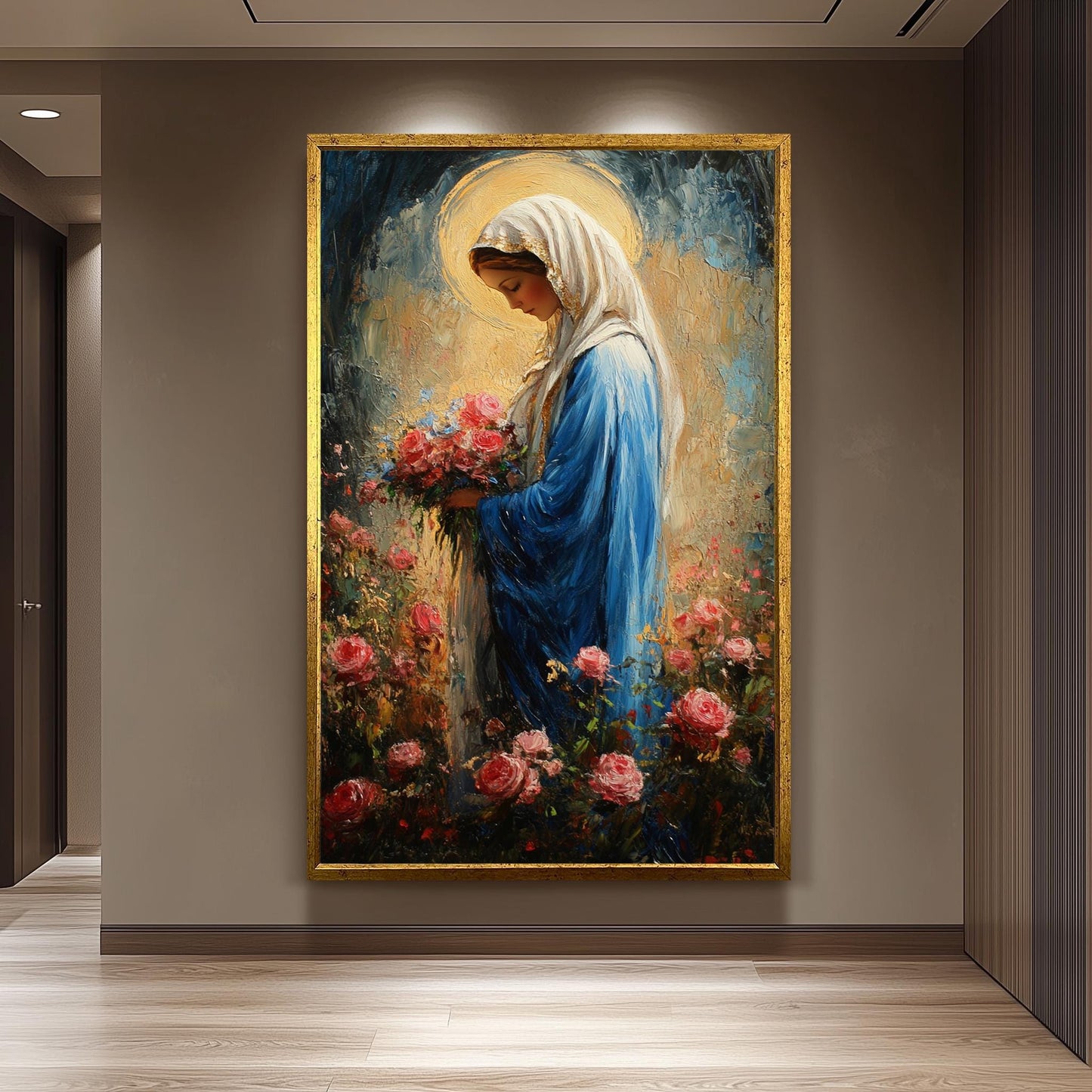 Impressionist Virgin Mary Painting with Pink Roses and Golden Halo, Catholic Floral Canvas Art for Spiritual Home or Chapel Decor
